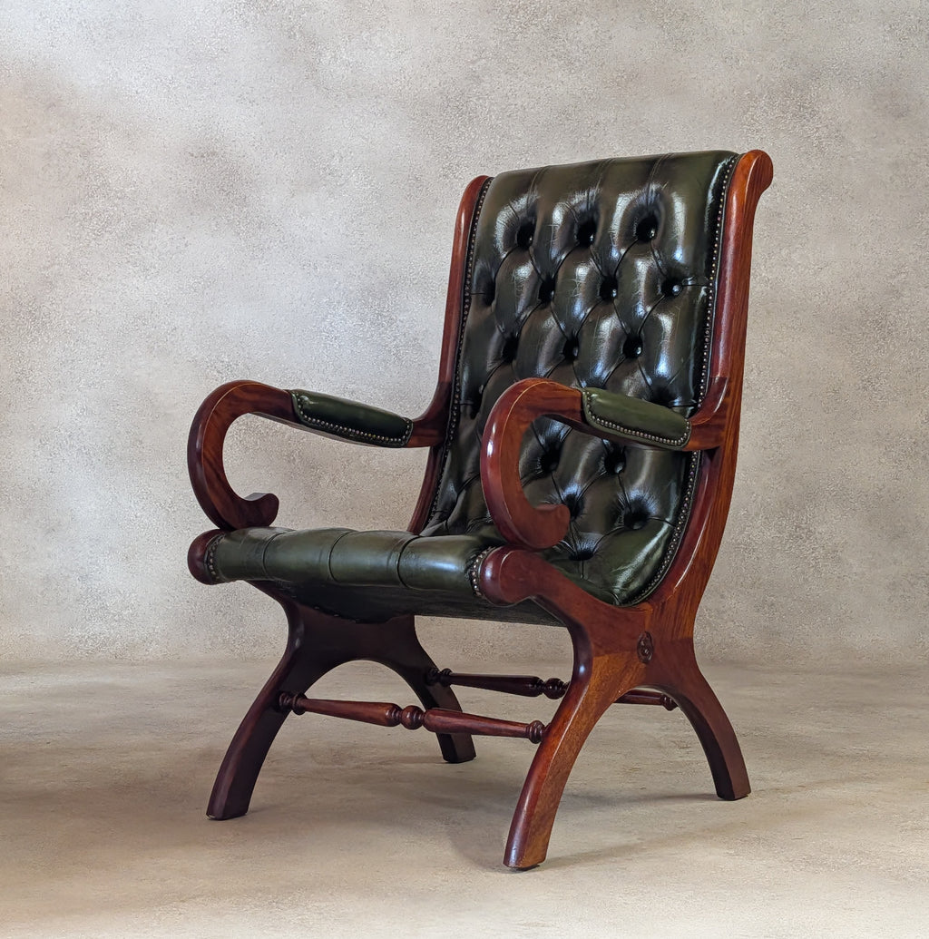 Vintage Green Leather Chesterfield Mahogany Slipper Chairs 'S' Scroll Arm Chair