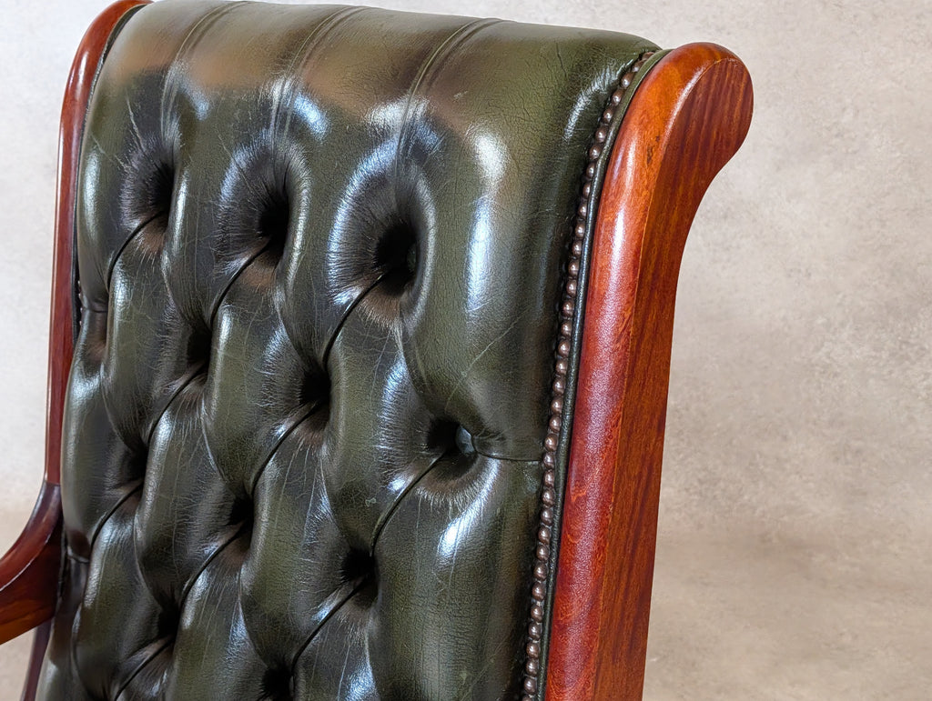 Vintage Green Leather Chesterfield Mahogany Slipper Chairs 'S' Scroll Arm Chair