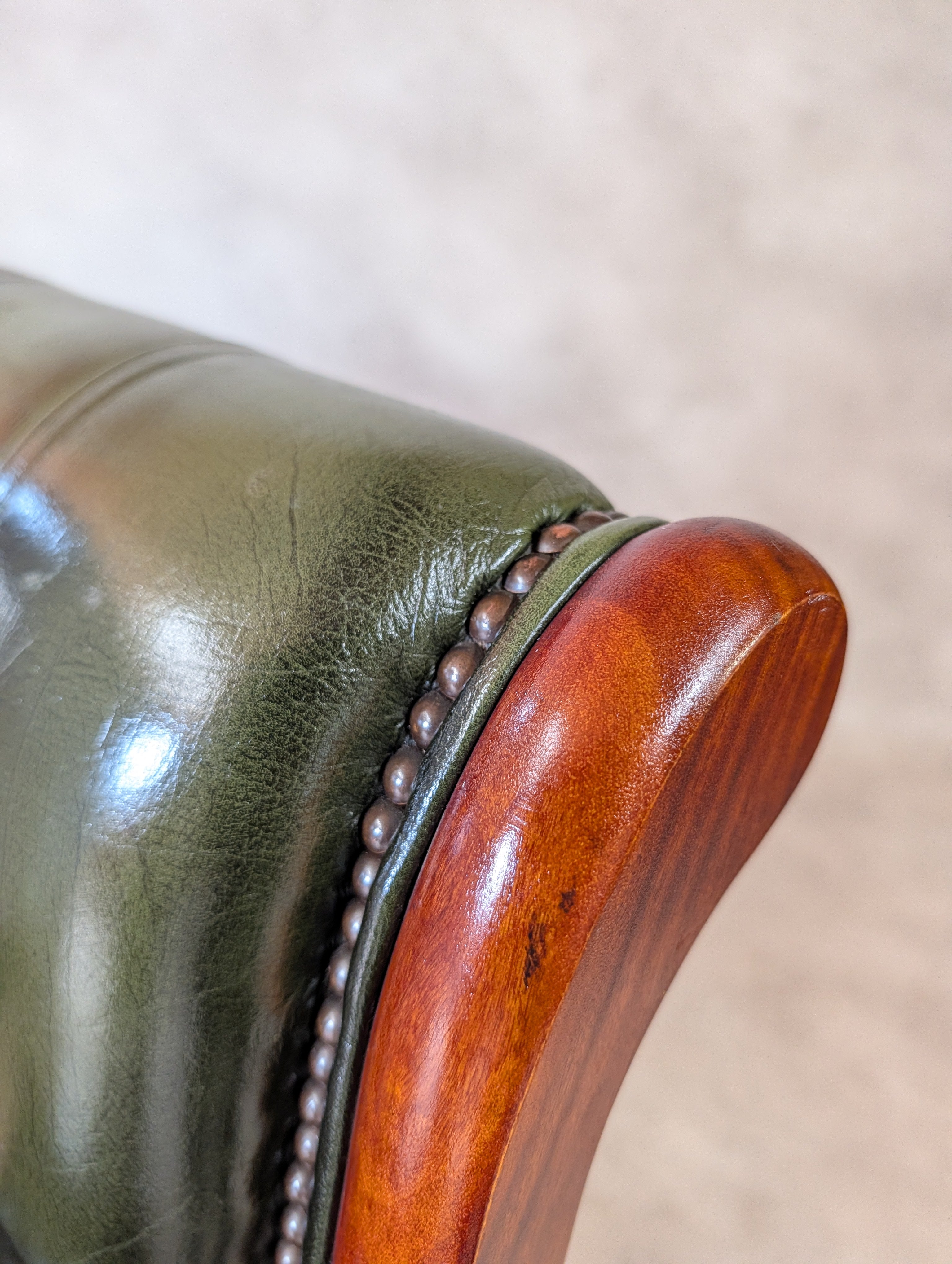 Vintage Green Leather Chesterfield Mahogany Slipper Chairs 'S' Scroll Arm Chair