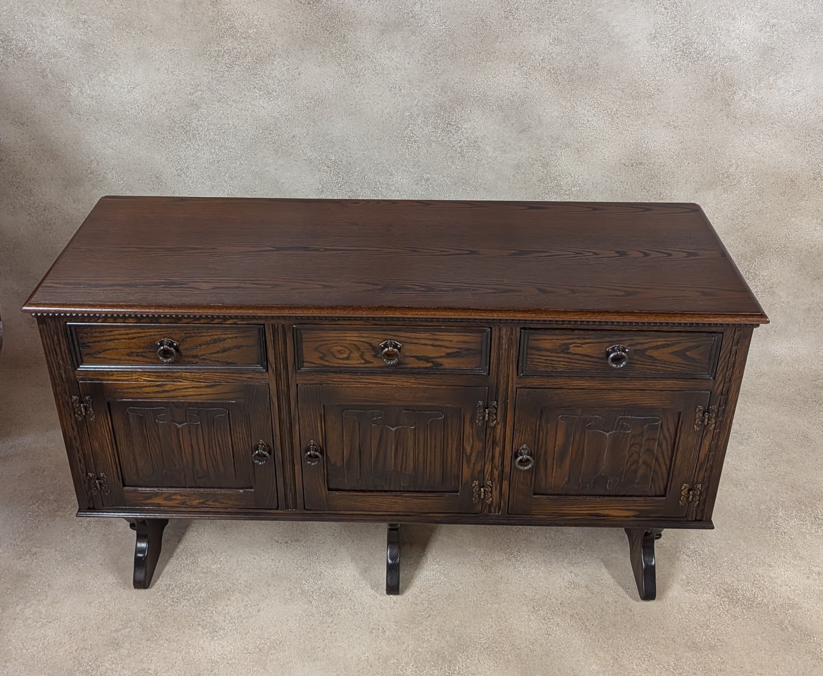 Vintage Jaycee Carved Oak Sideboard | Tudor Revival Trestle Base Buffet
