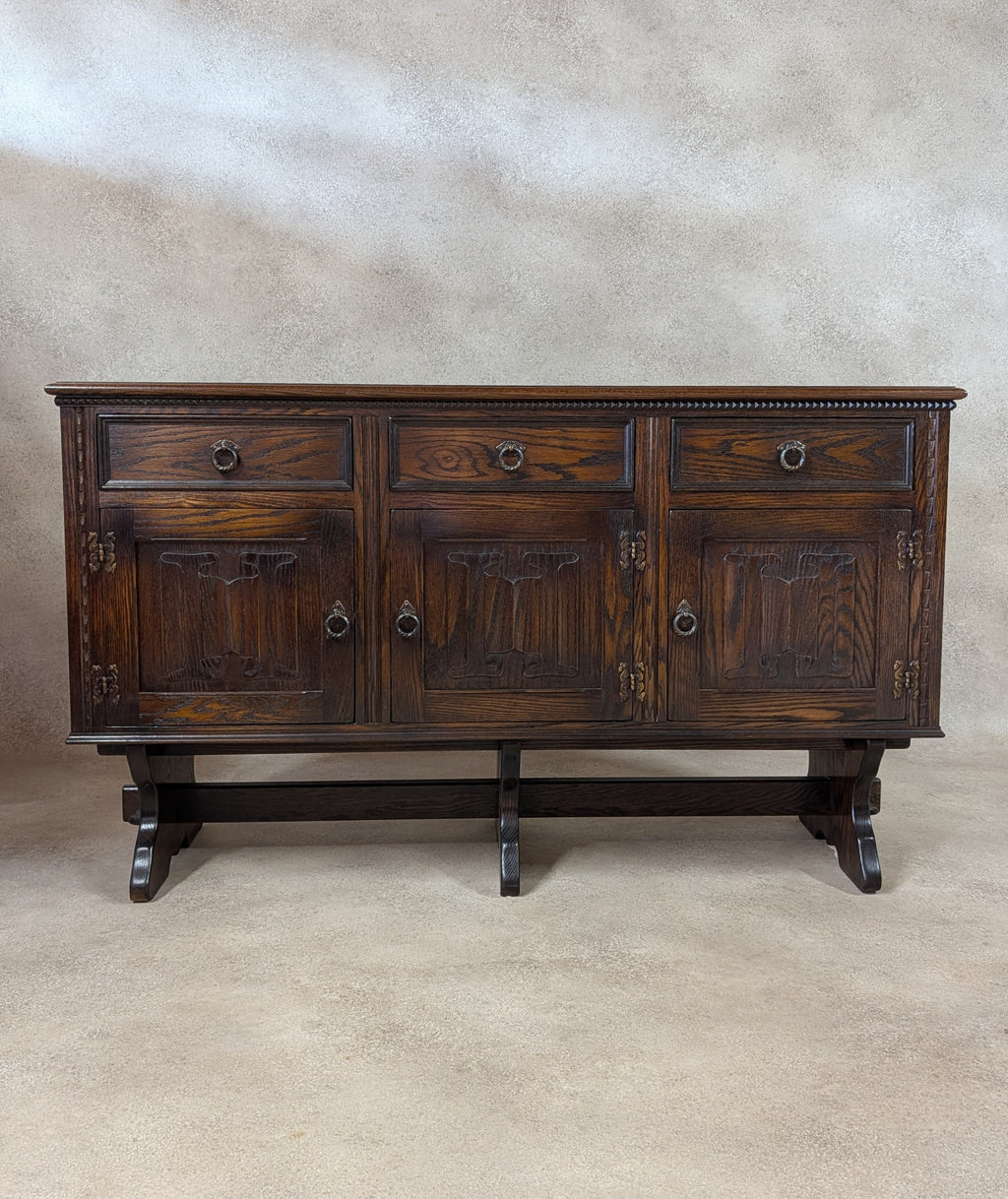 Vintage Jaycee Carved Oak Sideboard | Tudor Revival Trestle Base Buffet