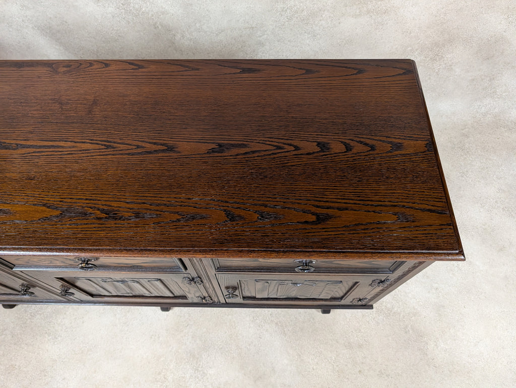 Vintage Jaycee Carved Oak Sideboard | Tudor Revival Trestle Base Buffet
