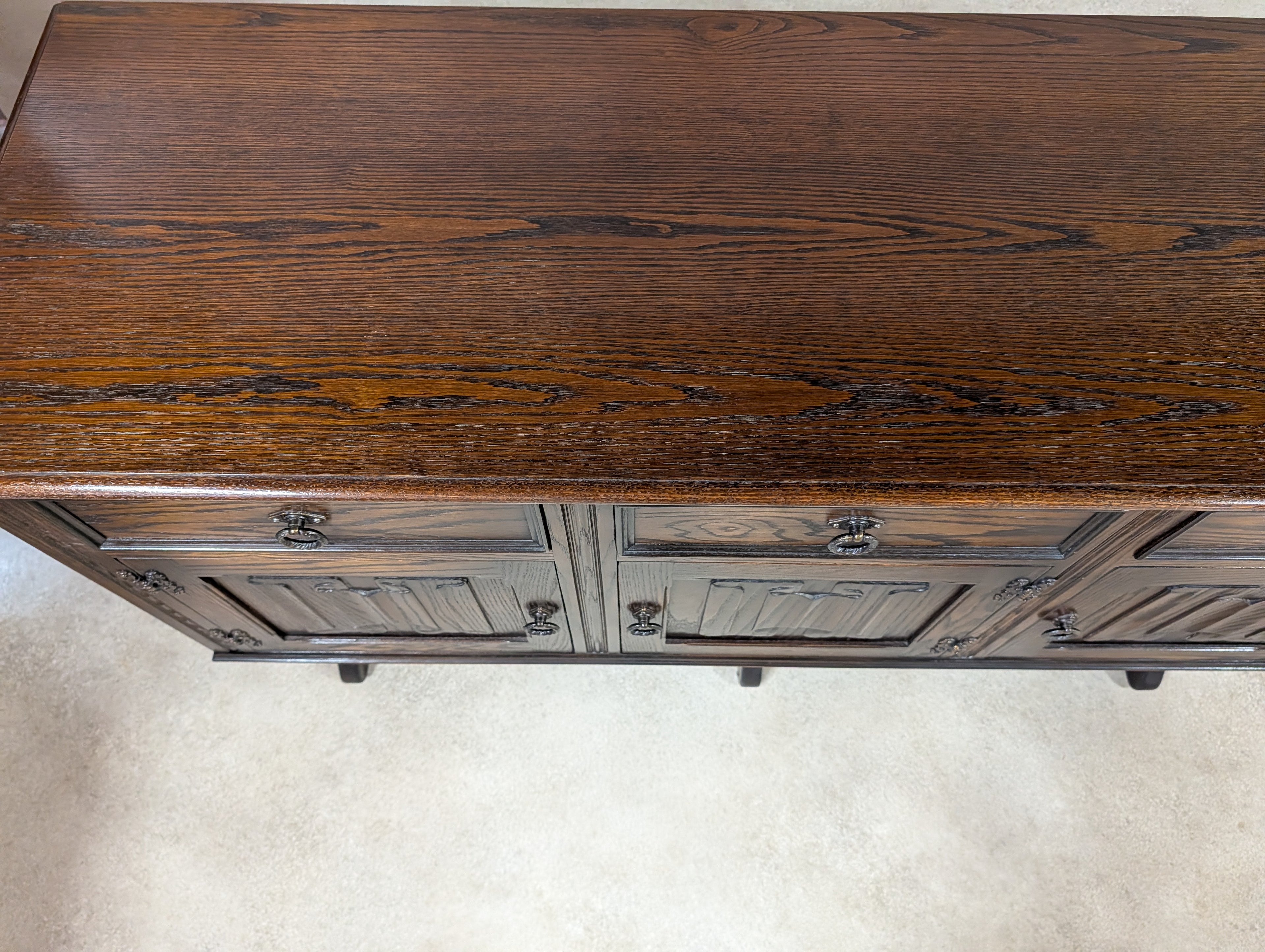 Vintage Jaycee Carved Oak Sideboard | Tudor Revival Trestle Base Buffet