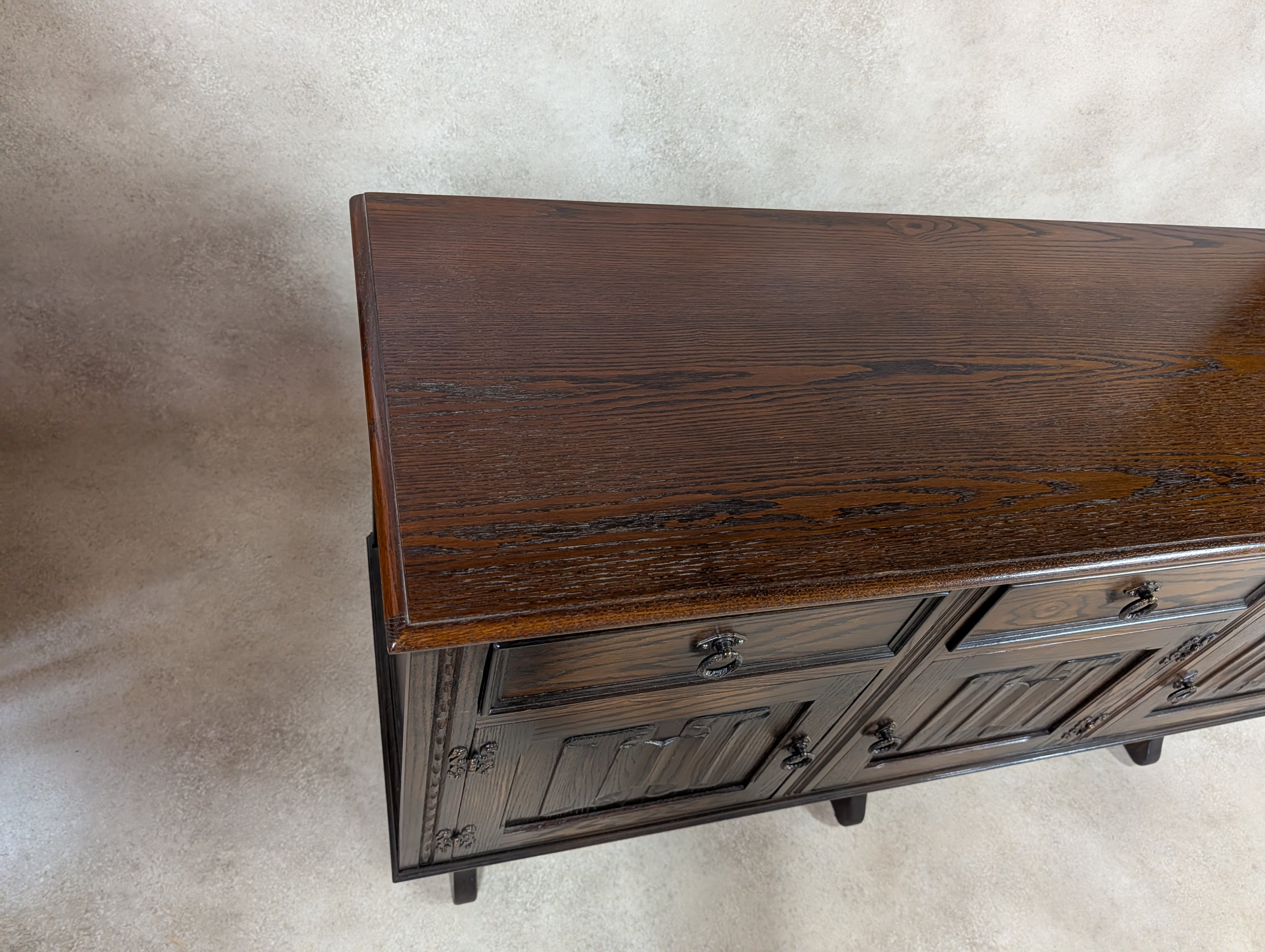Vintage Jaycee Carved Oak Sideboard | Tudor Revival Trestle Base Buffet