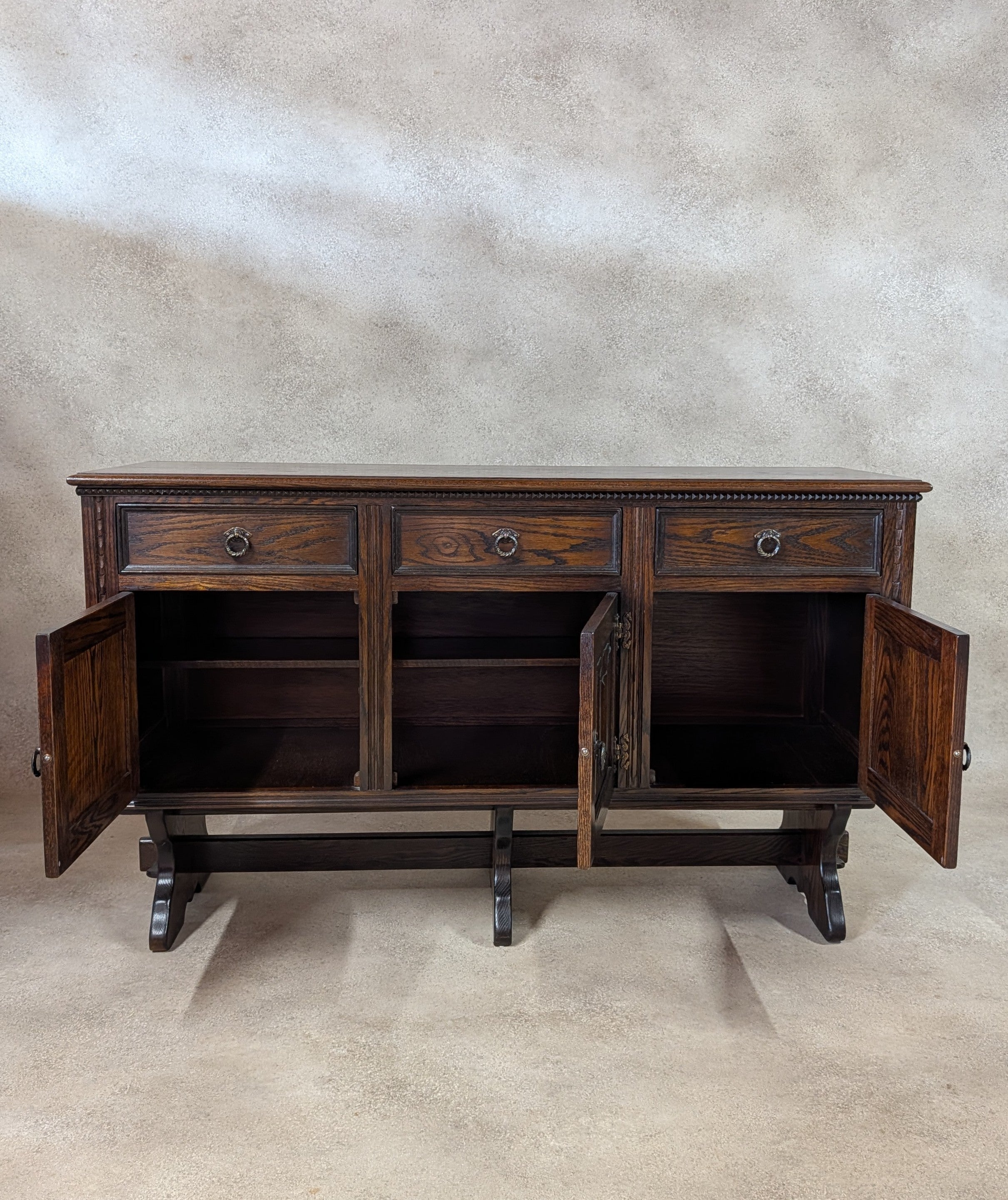 Vintage Jaycee Carved Oak Sideboard | Tudor Revival Trestle Base Buffet