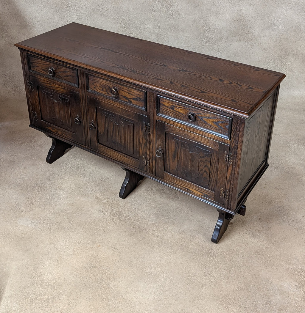 Vintage Jaycee Carved Oak Sideboard | Tudor Revival Trestle Base Buffet