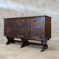 Vintage Jaycee Carved Oak Sideboard | Tudor Revival Trestle Base Buffet