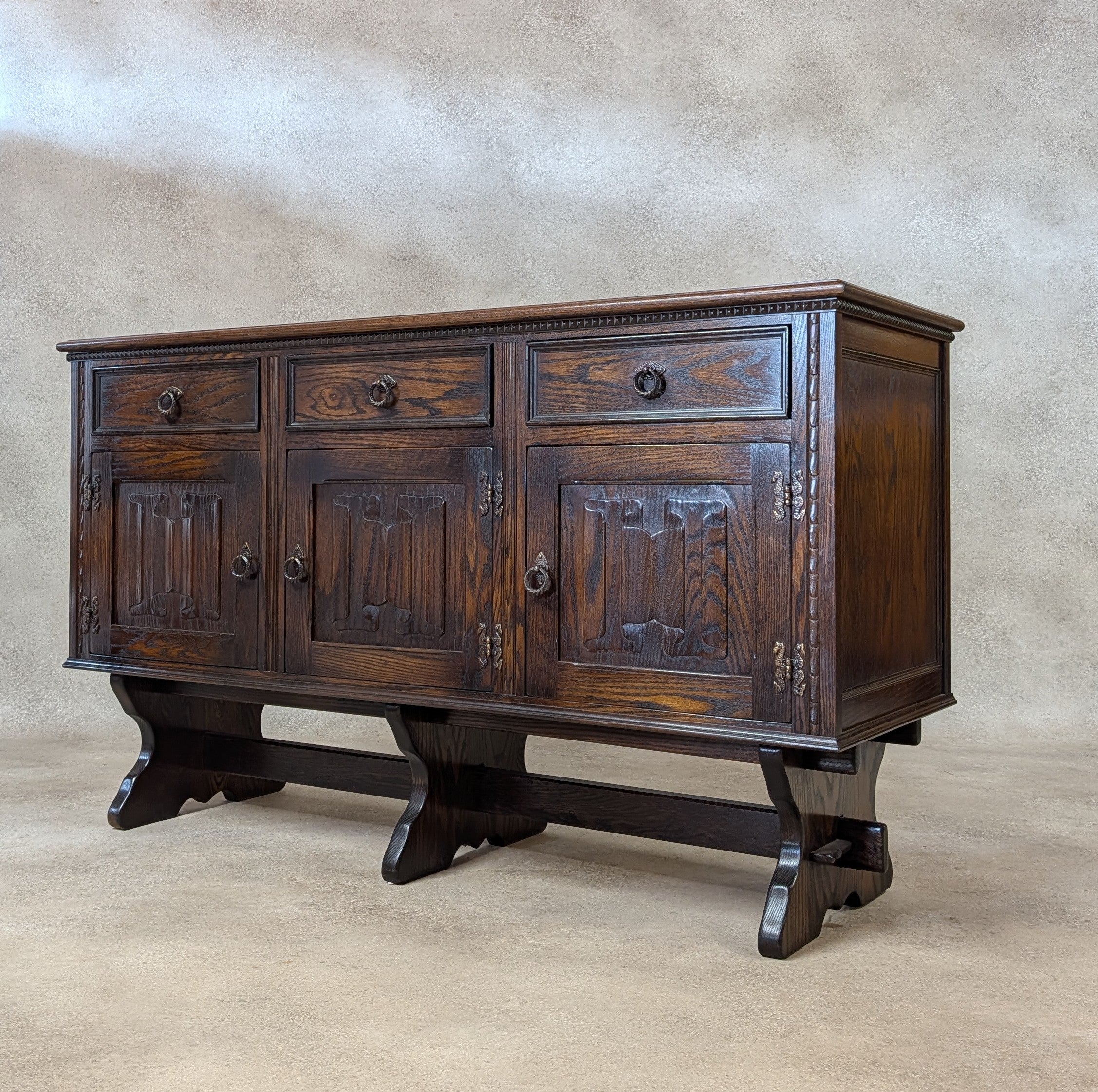 Vintage Jaycee Carved Oak Sideboard | Tudor Revival Trestle Base Buffet