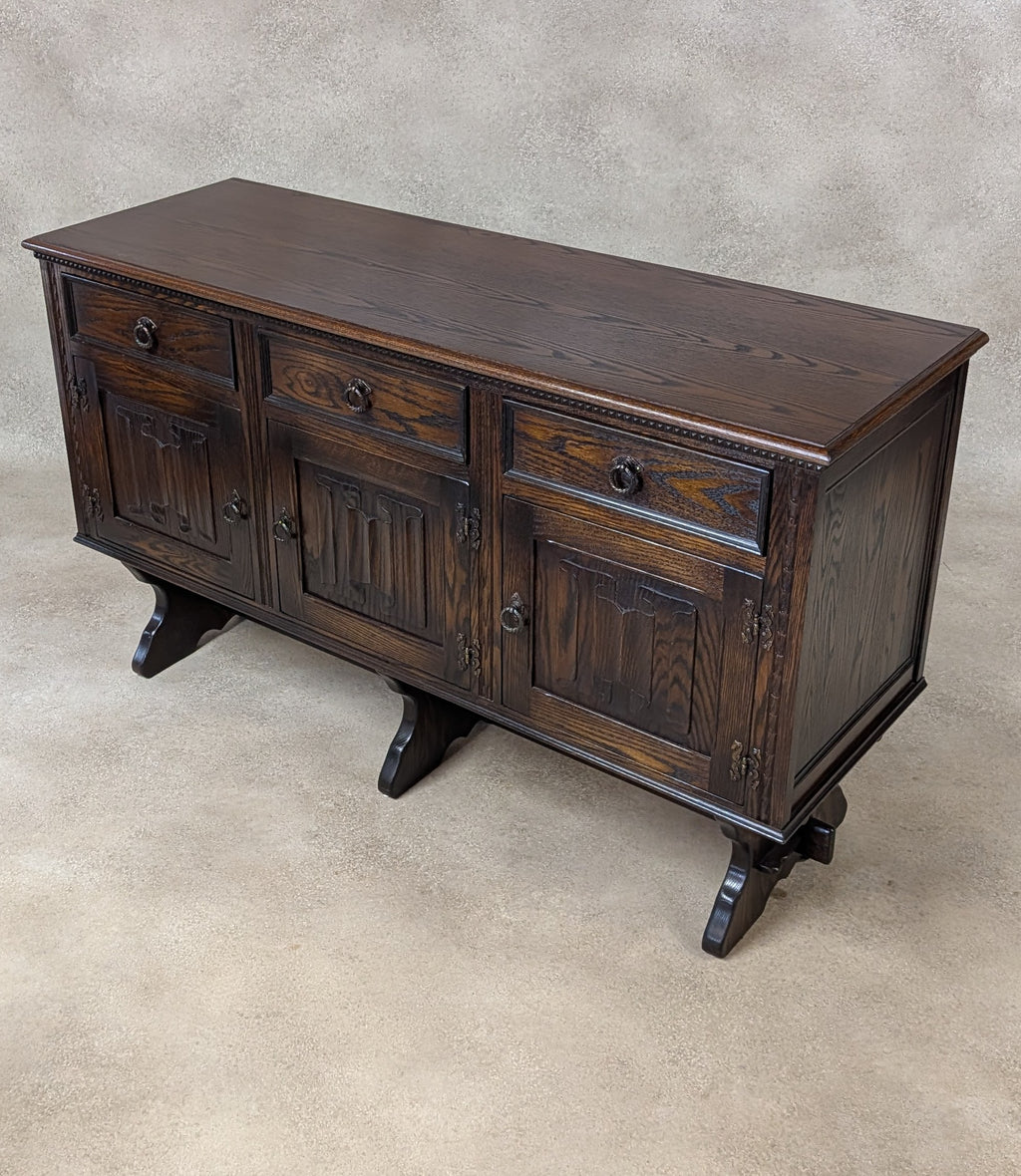 Vintage Jaycee Carved Oak Sideboard | Tudor Revival Trestle Base Buffet