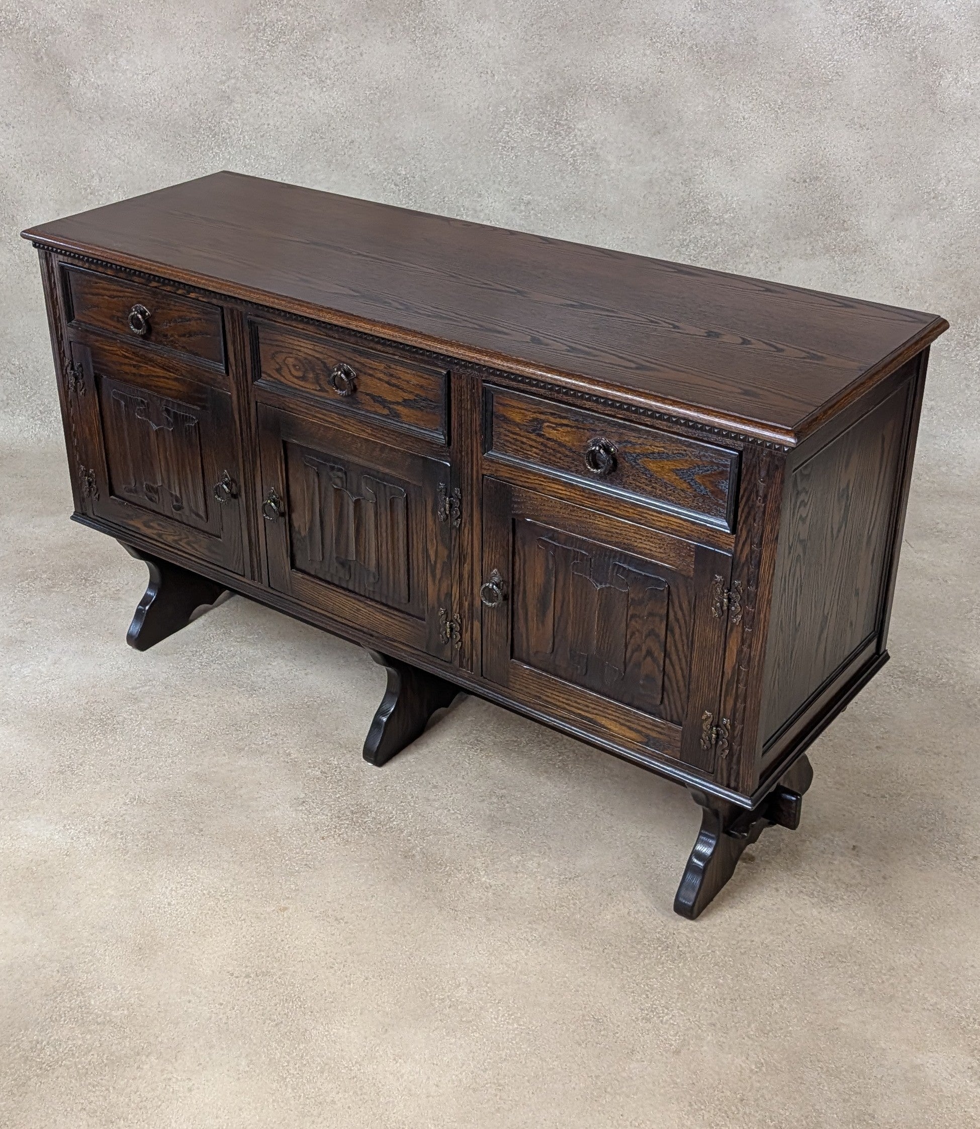 Vintage Jaycee Carved Oak Sideboard | Tudor Revival Trestle Base Buffet