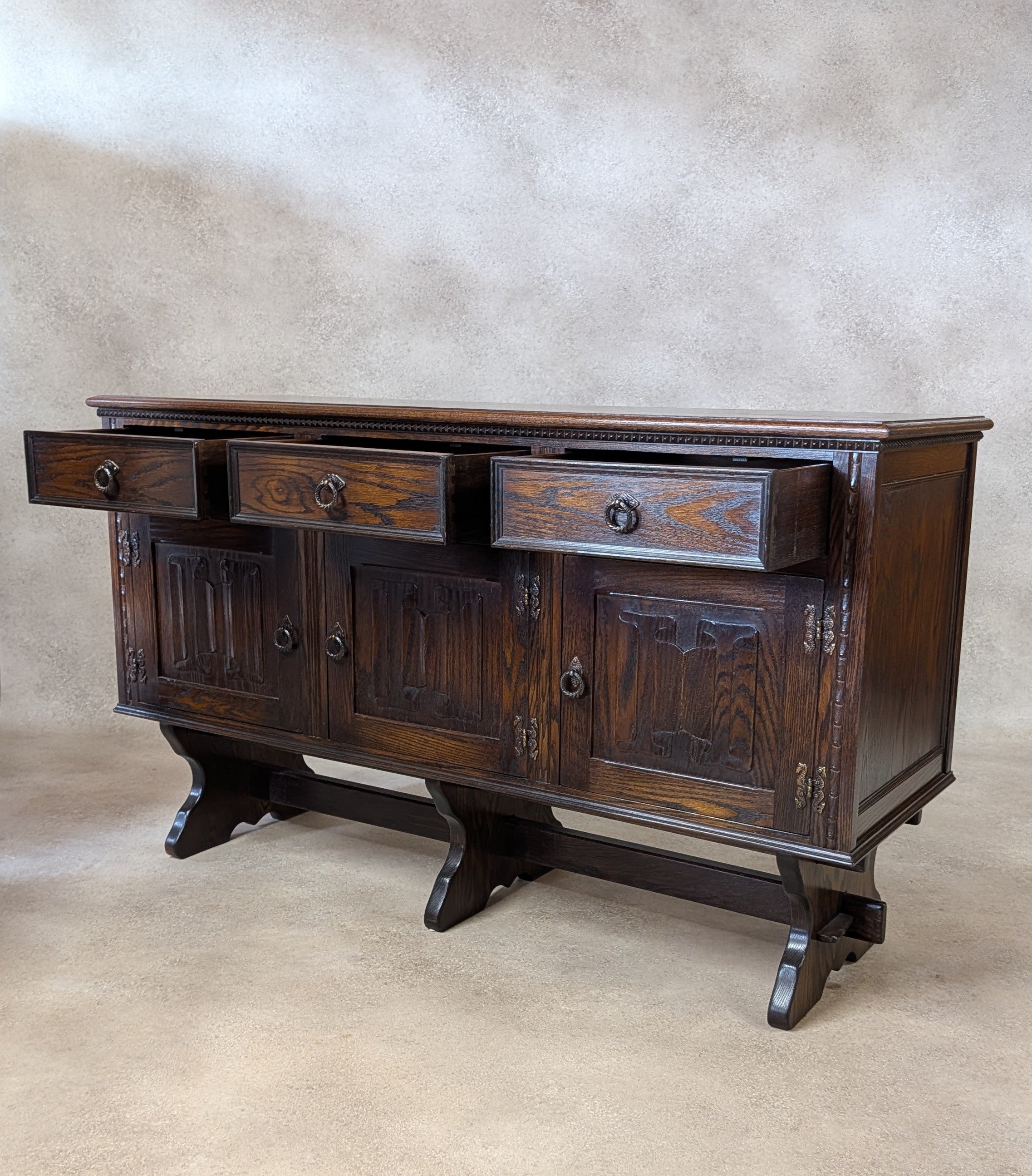 Vintage Jaycee Carved Oak Sideboard | Tudor Revival Trestle Base Buffet