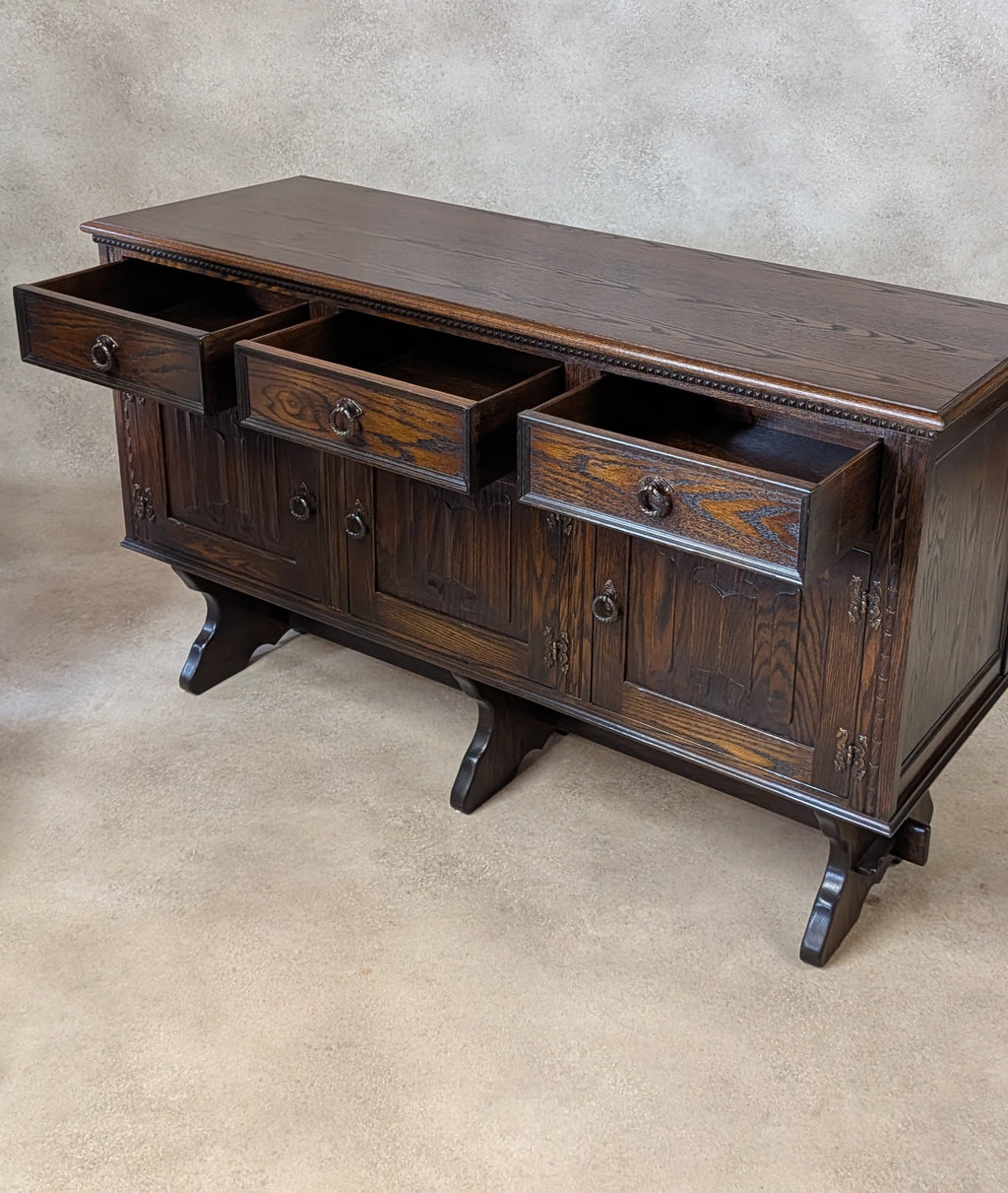 Vintage Jaycee Carved Oak Sideboard | Tudor Revival Trestle Base Buffet