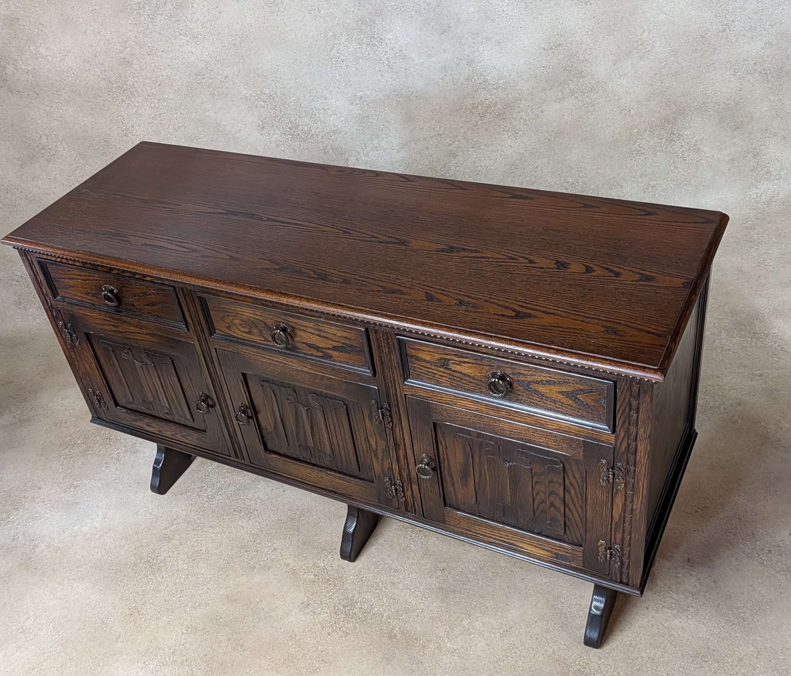 Vintage Jaycee Carved Oak Sideboard | Tudor Revival Trestle Base Buffet