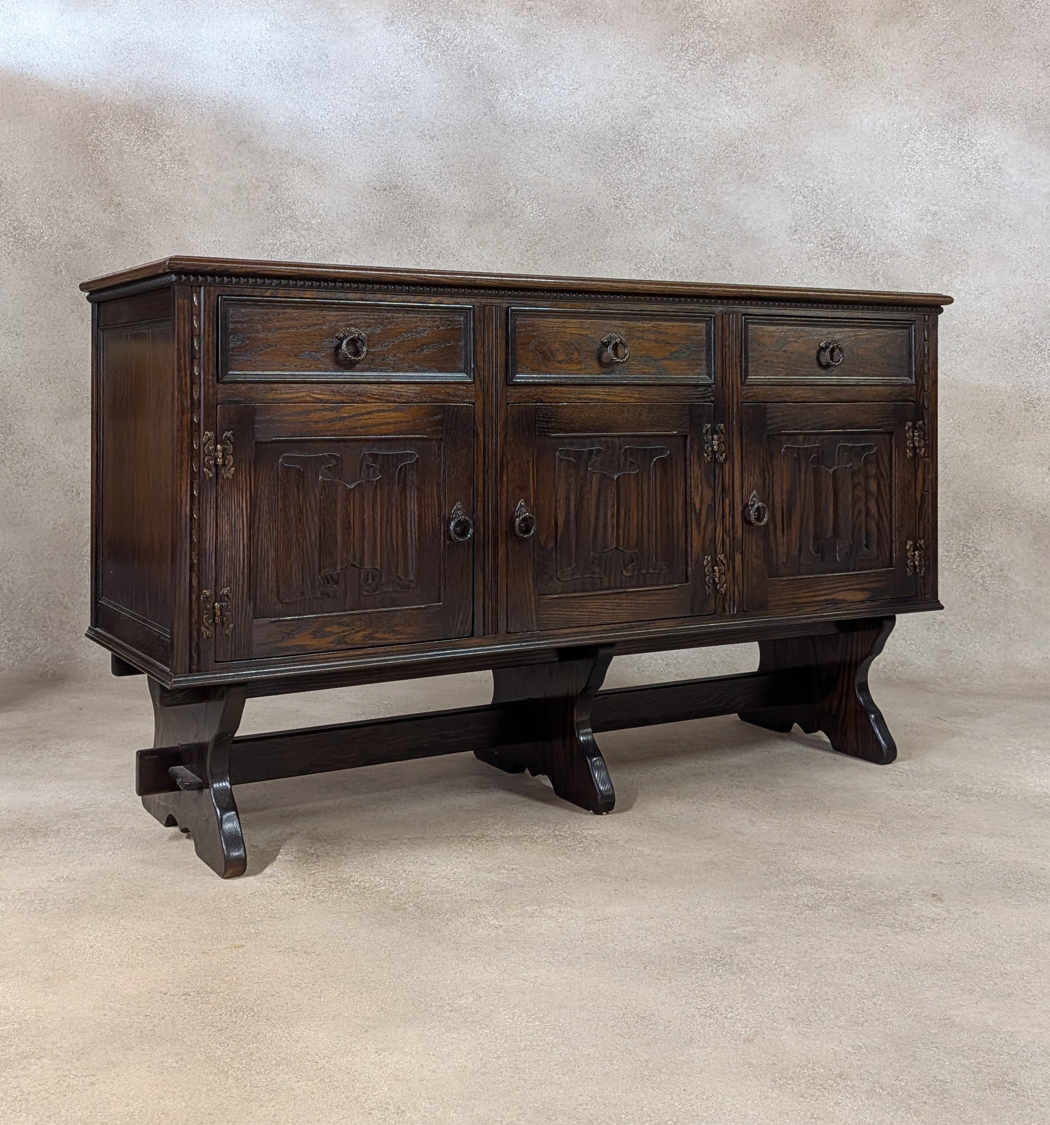 Vintage Jaycee Carved Oak Sideboard | Tudor Revival Trestle Base Buffet