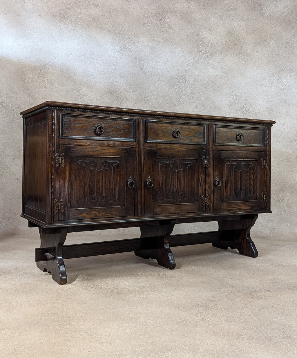 Vintage Jaycee Carved Oak Sideboard | Tudor Revival Trestle Base Buffet