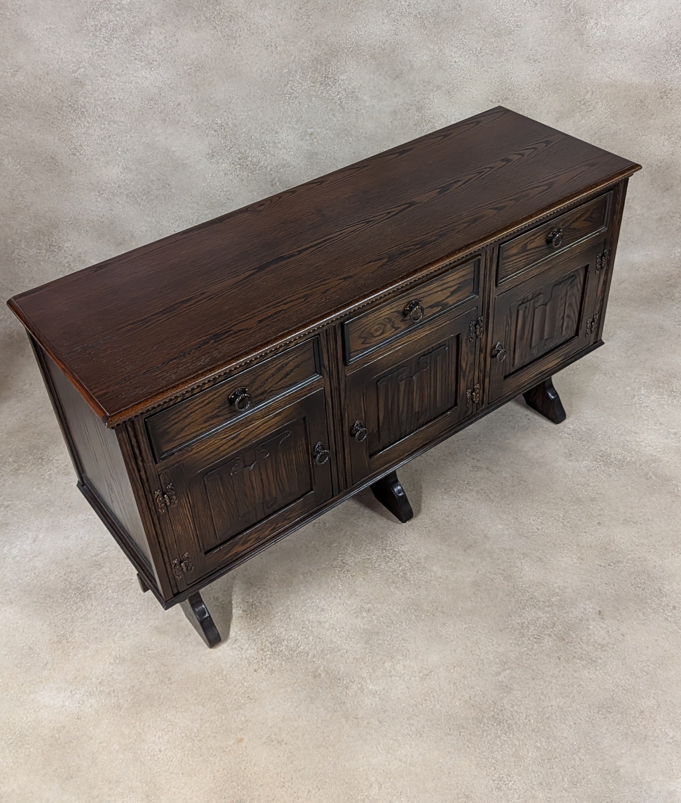 Vintage Jaycee Carved Oak Sideboard | Tudor Revival Trestle Base Buffet