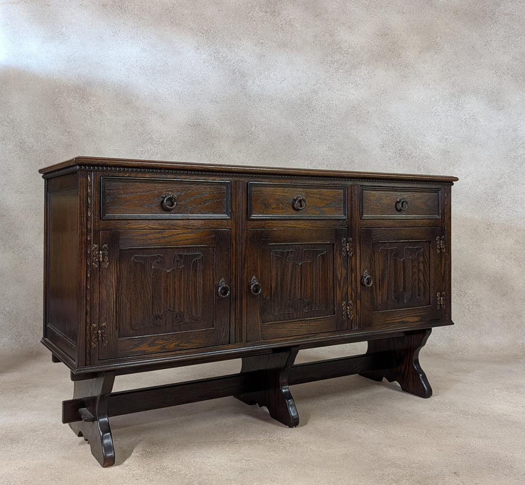Vintage Jaycee Carved Oak Sideboard | Tudor Revival Trestle Base Buffet