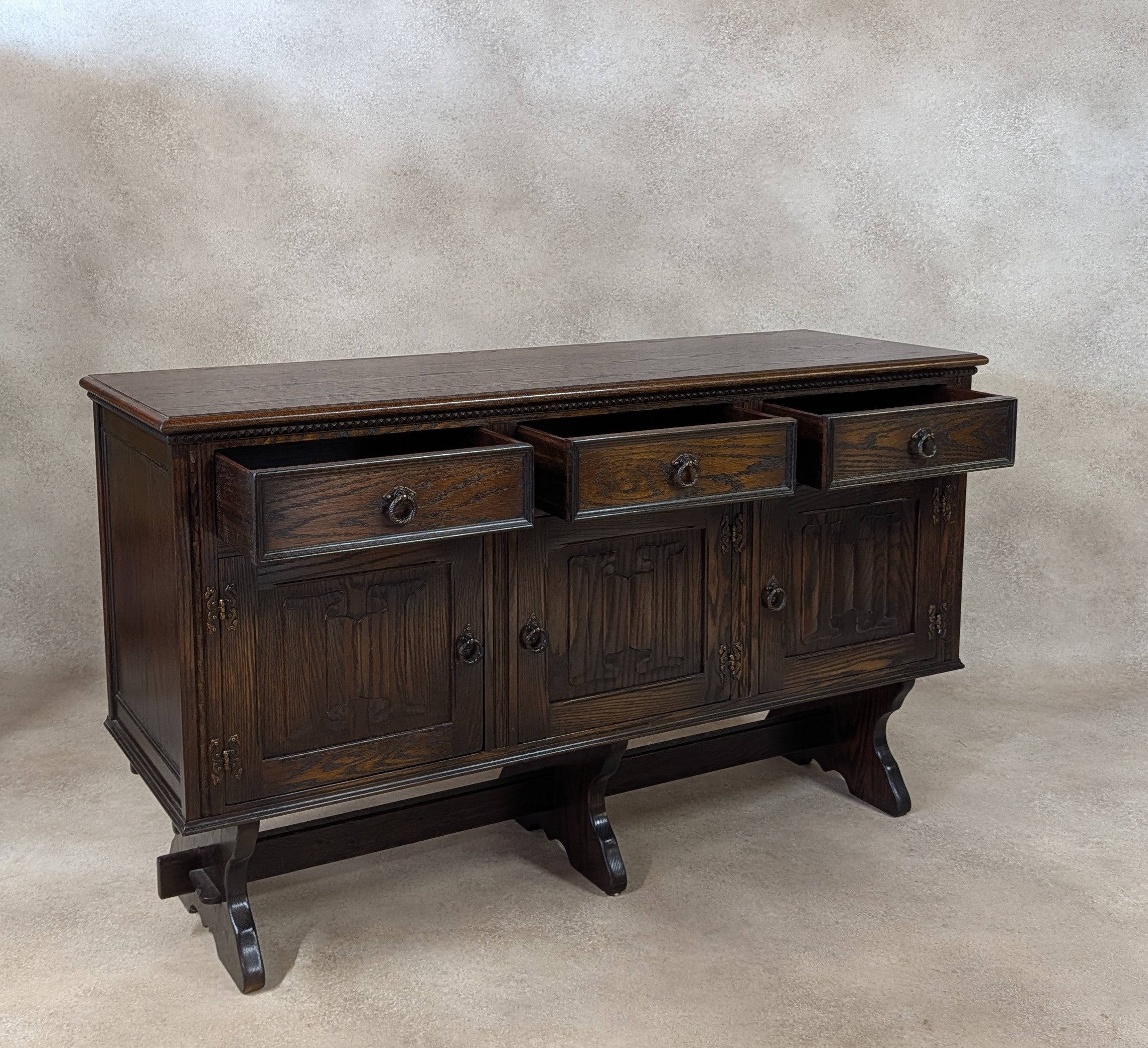 Vintage Jaycee Carved Oak Sideboard | Tudor Revival Trestle Base Buffet