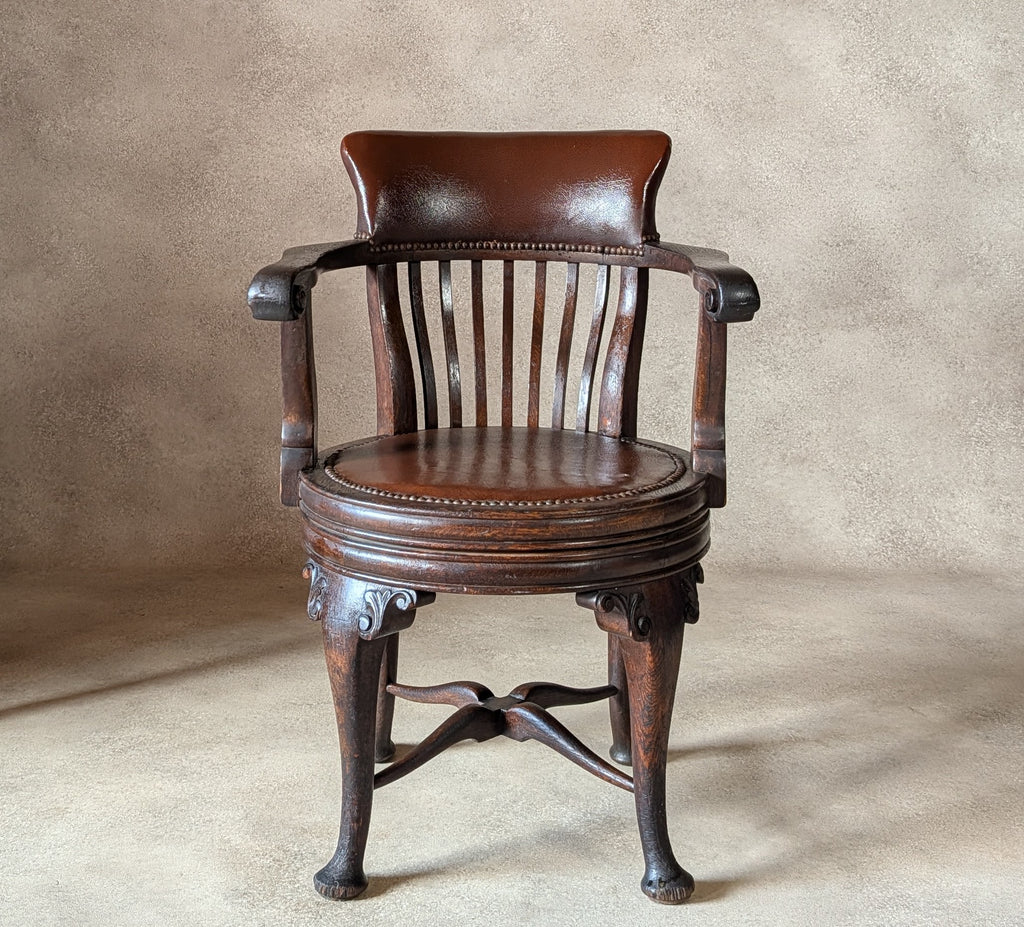Antique Oak Captains Chair Edwardian Swivel Office Desk Chair
