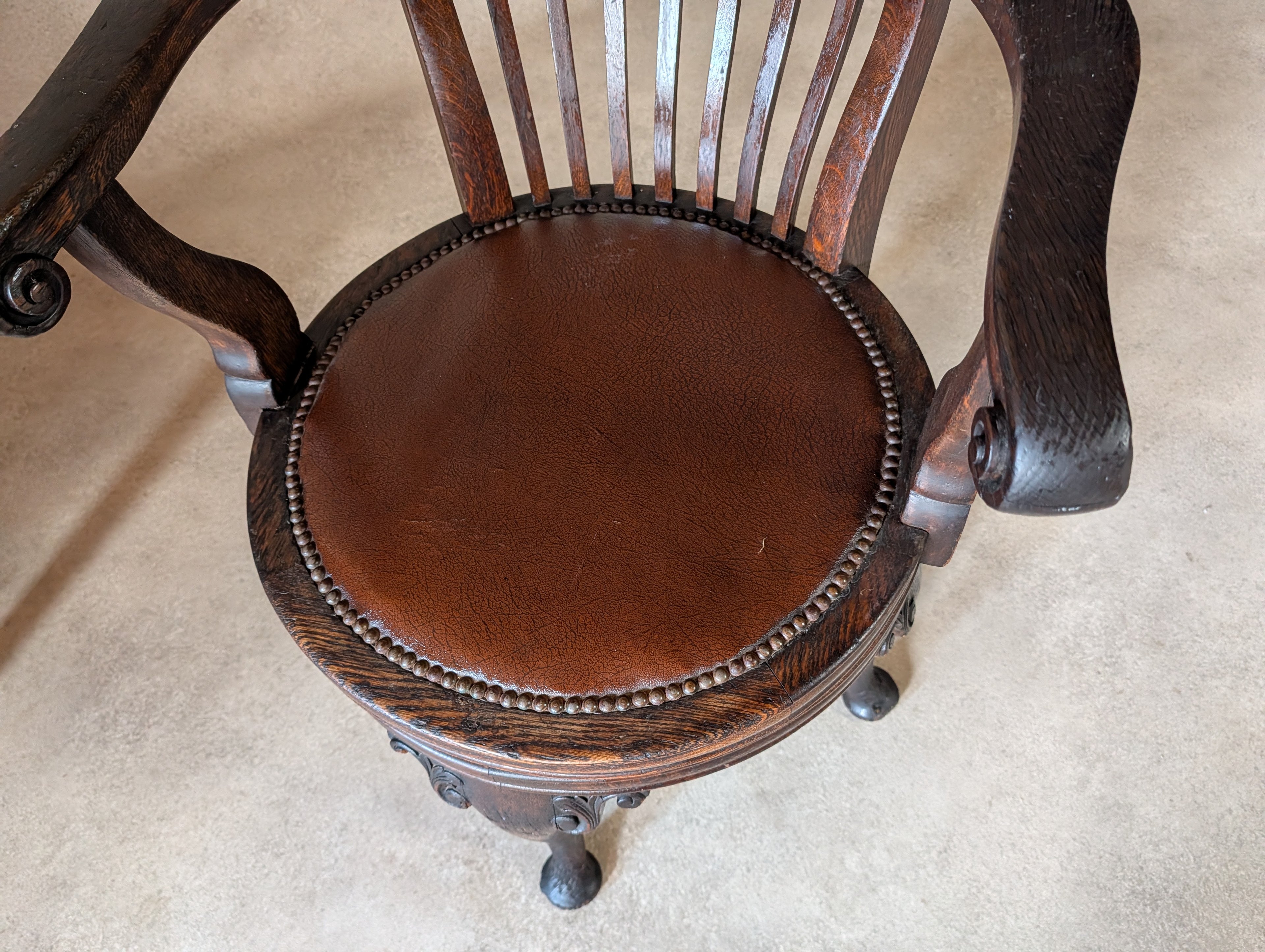Antique Oak Captains Chair Edwardian Swivel Office Desk Chair