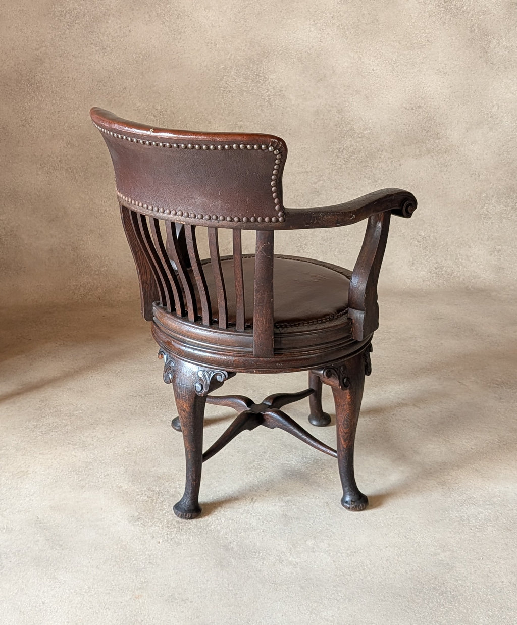 Antique Oak Captains Chair Edwardian Swivel Office Desk Chair