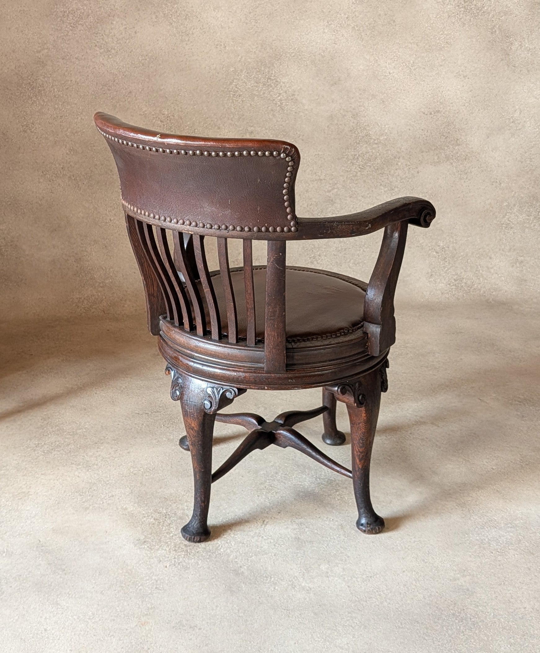 Antique Oak Captains Chair Edwardian Swivel Office Desk Chair
