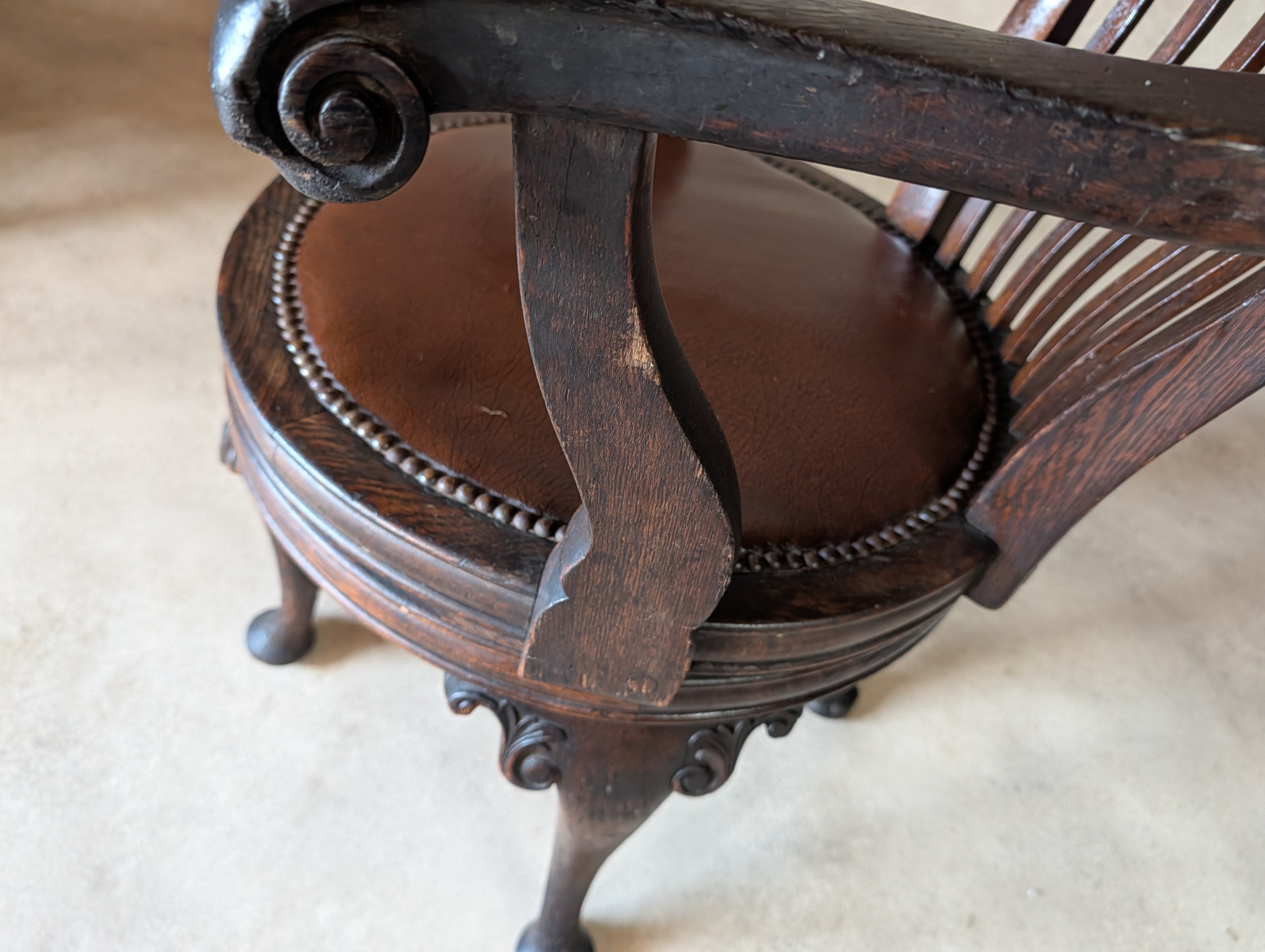 Antique Oak Captains Chair Edwardian Swivel Office Desk Chair