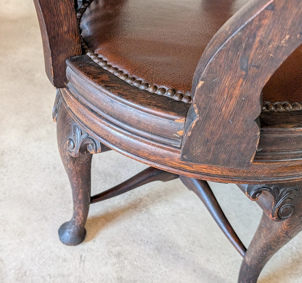 Antique Oak Captains Chair Edwardian Swivel Office Desk Chair