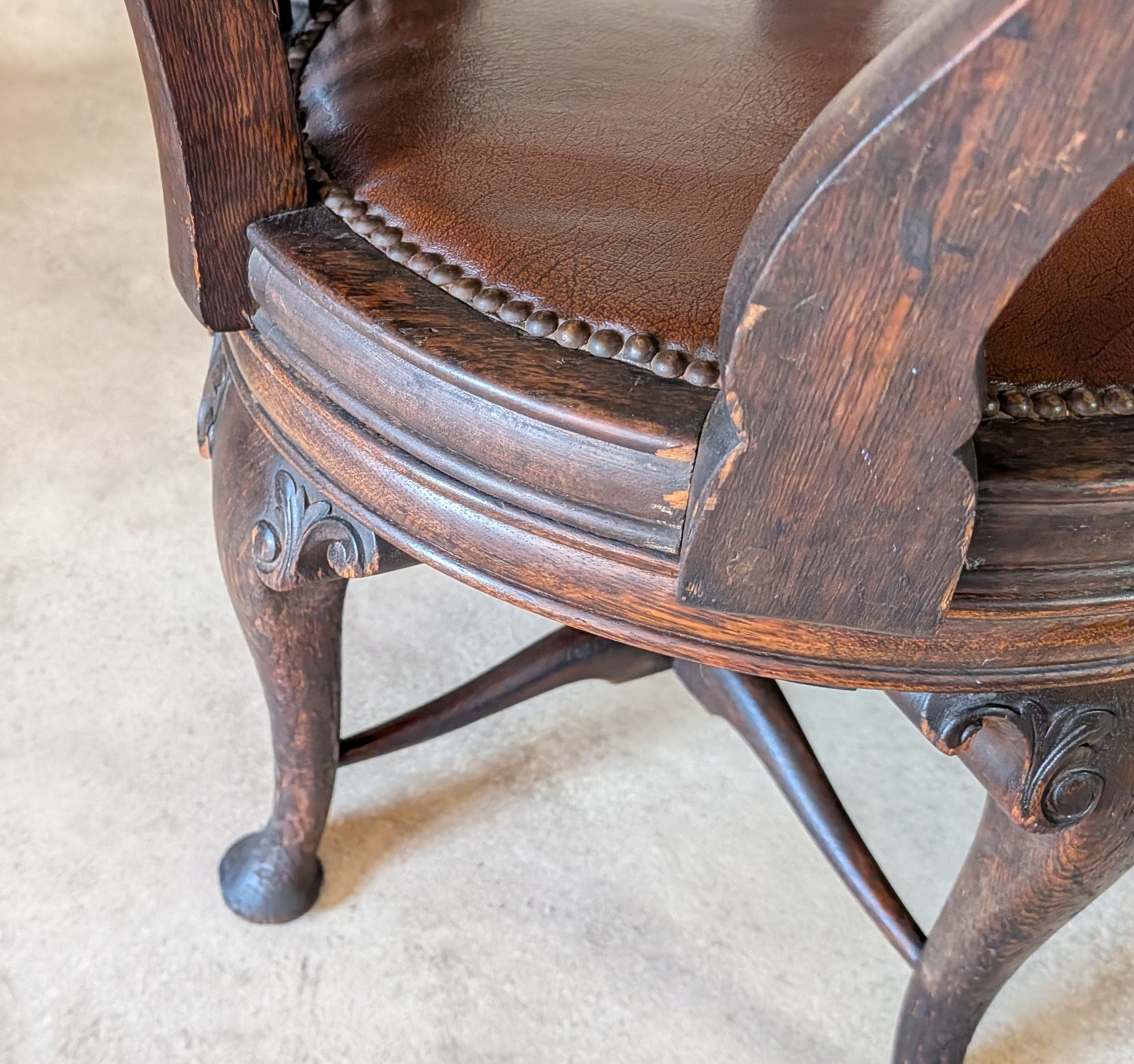 Antique Oak Captains Chair Edwardian Swivel Office Desk Chair