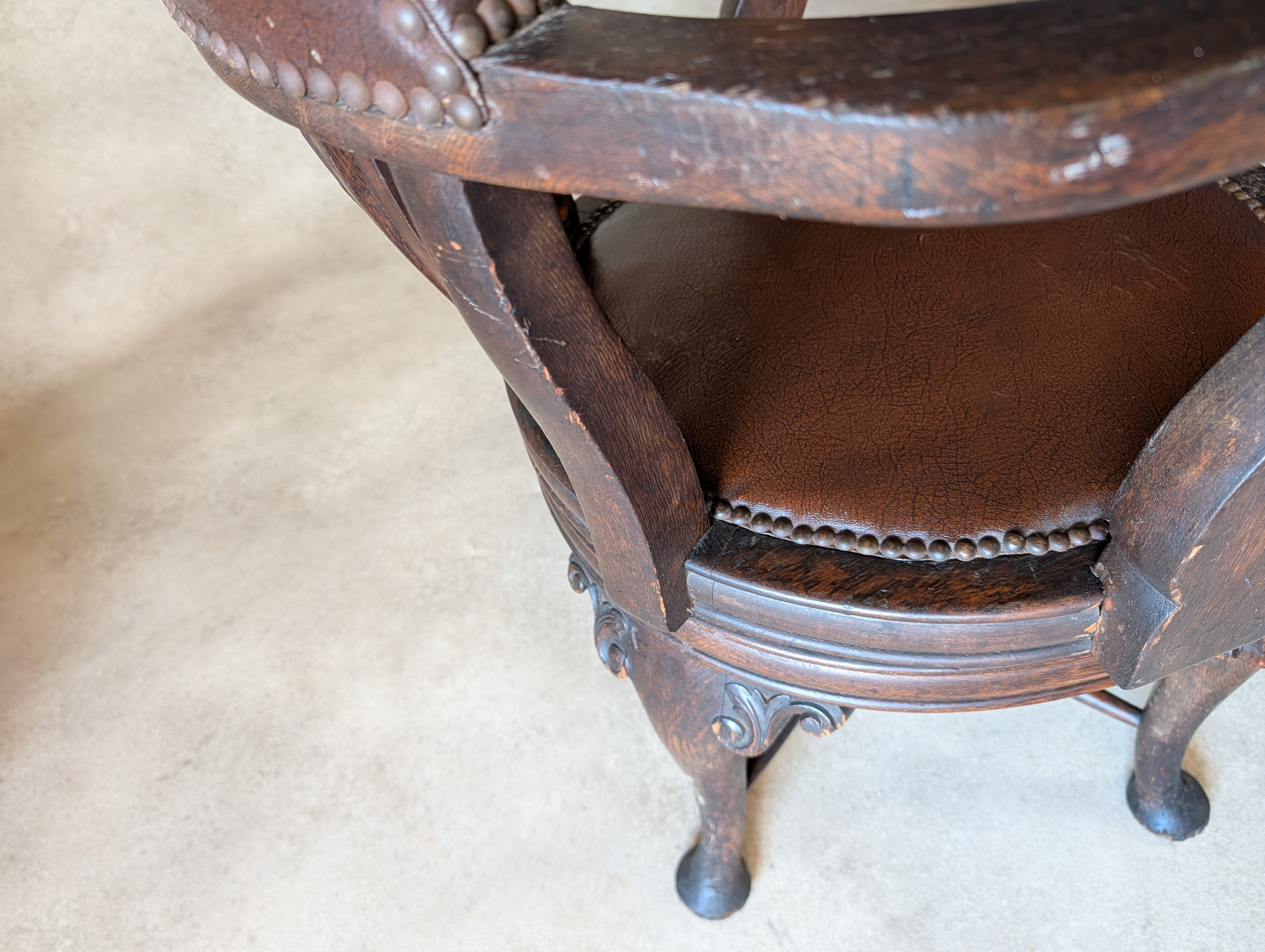 Antique Oak Captains Chair Edwardian Swivel Office Desk Chair