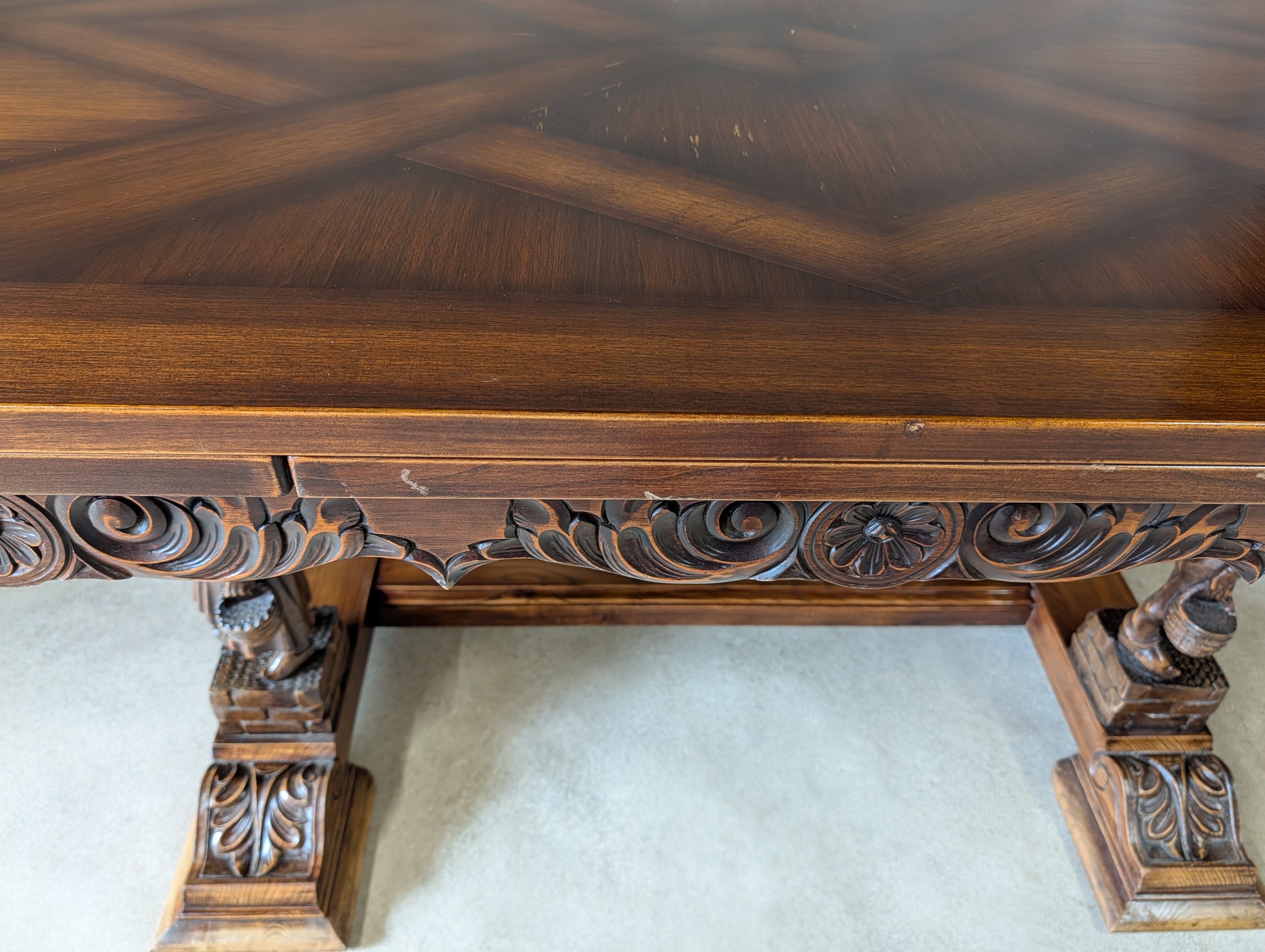 Vintage French Breton Carved Oak Draw Leaf Extending Dining Table  Figural Legs