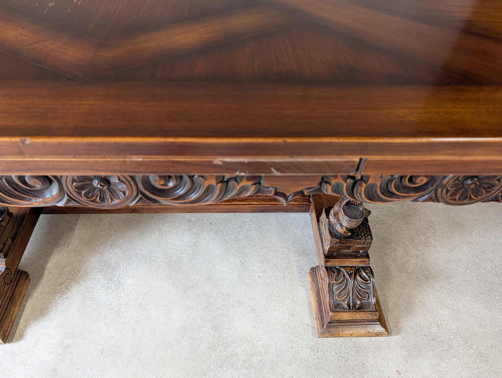 Vintage French Breton Carved Oak Draw Leaf Extending Dining Table  Figural Legs