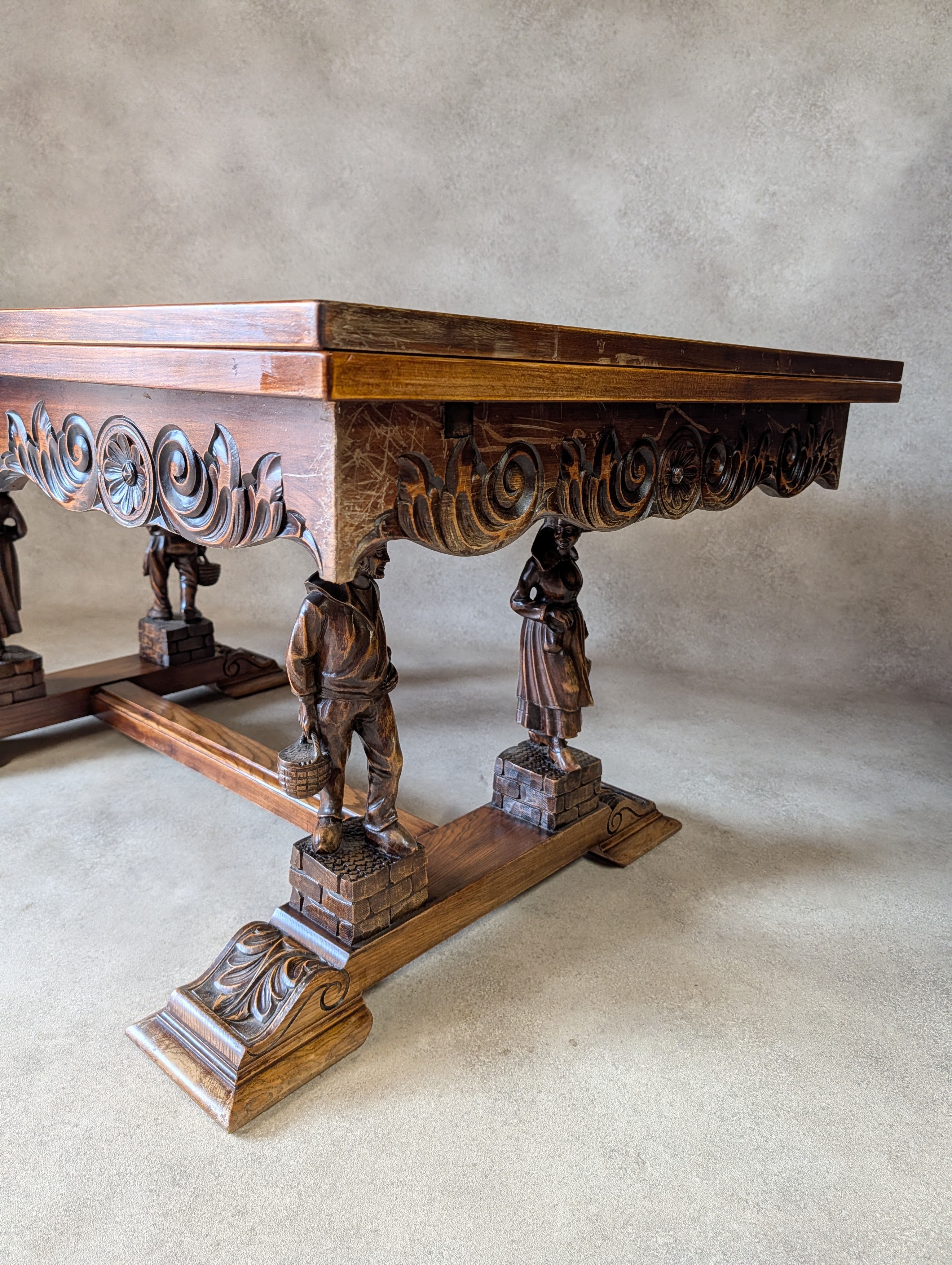 Vintage French Breton Carved Oak Draw Leaf Extending Dining Table  Figural Legs