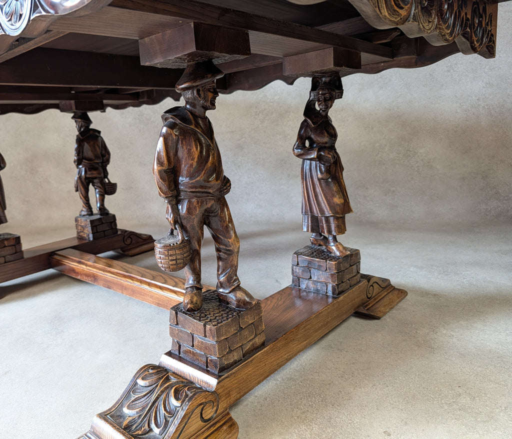 Vintage French Breton Carved Oak Draw Leaf Extending Dining Table  Figural Legs