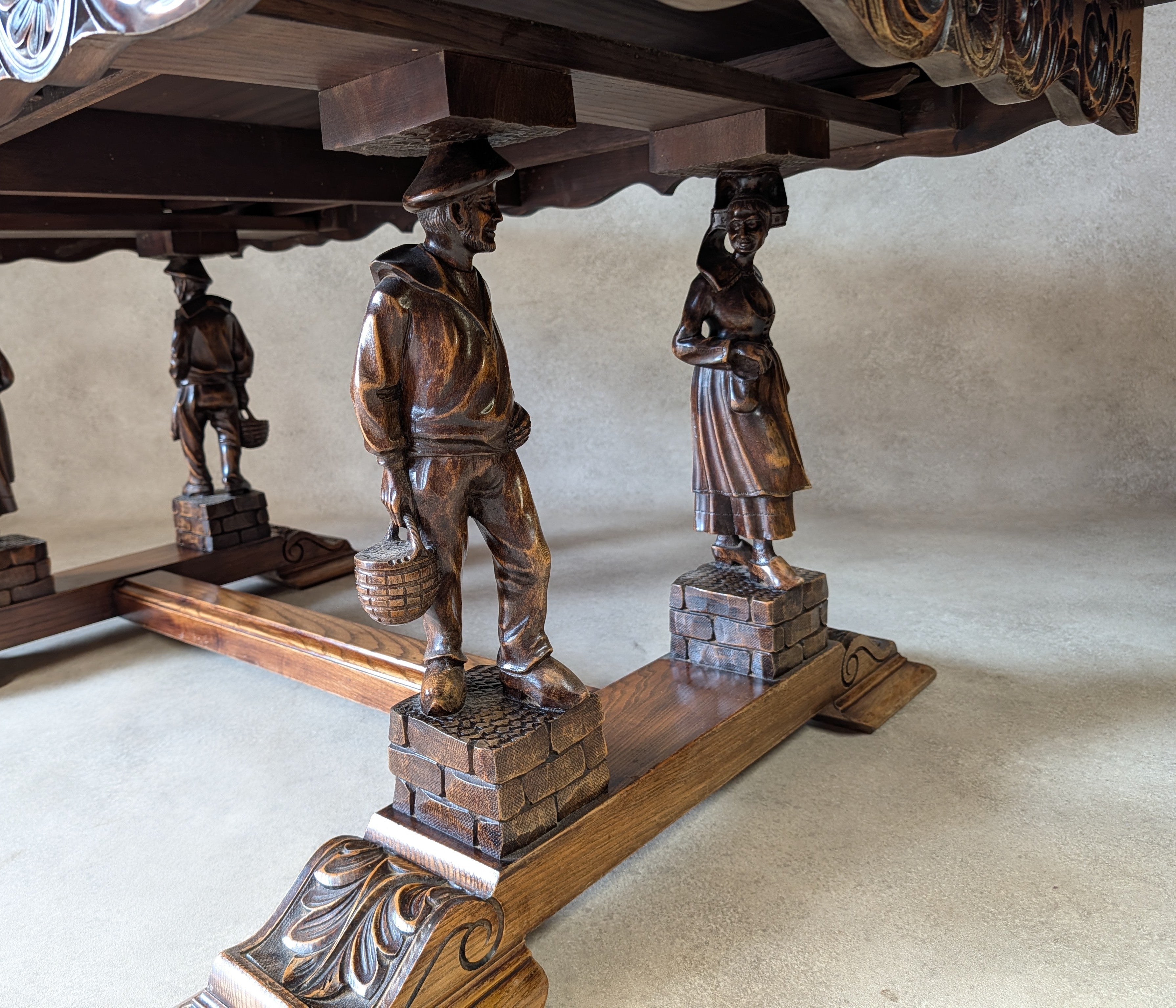 Vintage French Breton Carved Oak Draw Leaf Extending Dining Table  Figural Legs