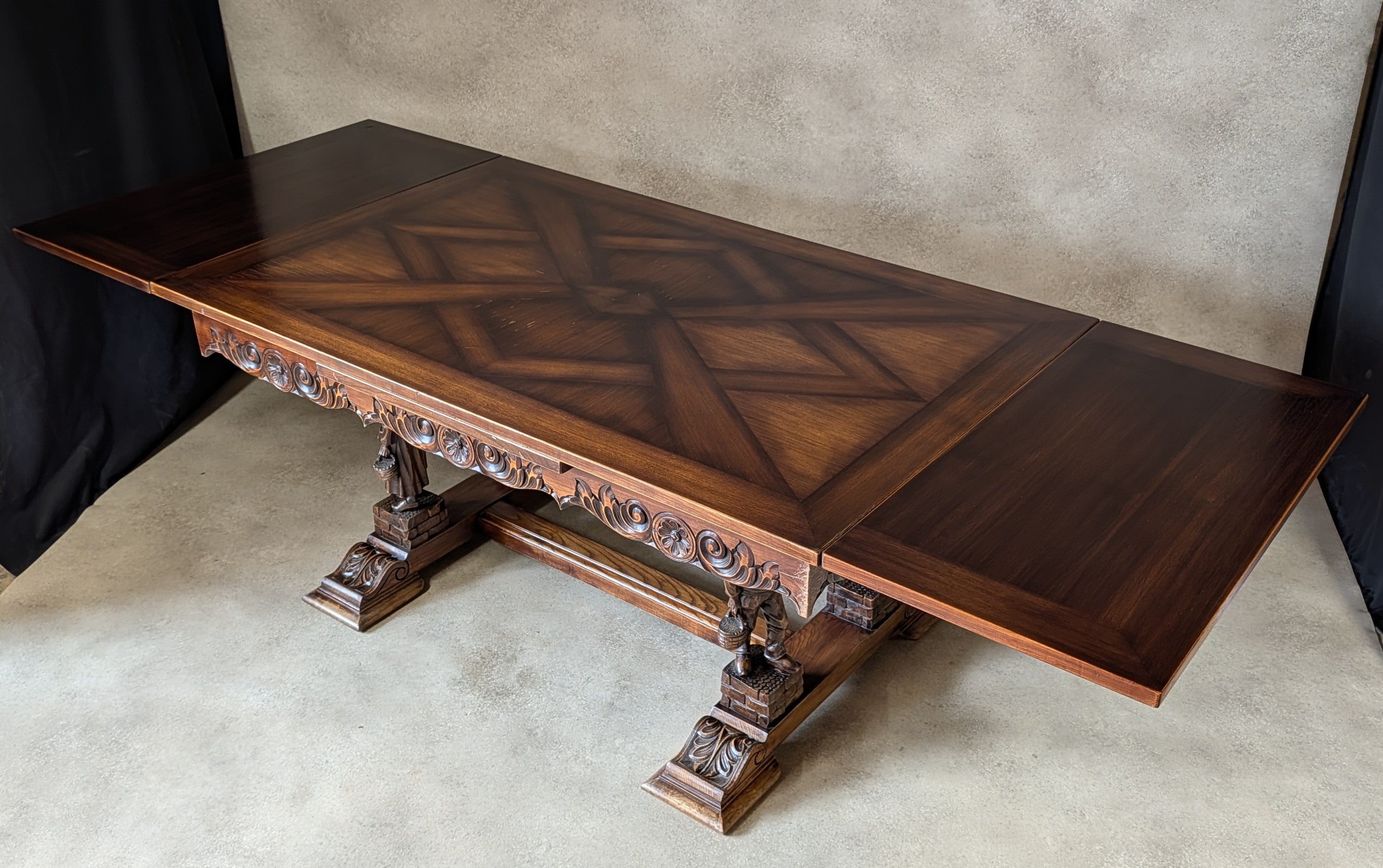 Vintage French Breton Carved Oak Draw Leaf Extending Dining Table  Figural Legs