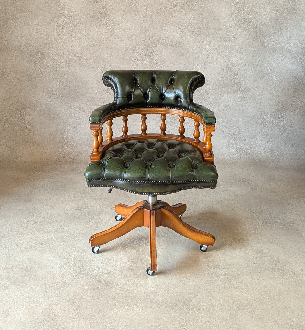 Vintage Green Leather Chesterfield Captains Chair Office Swivel Chair