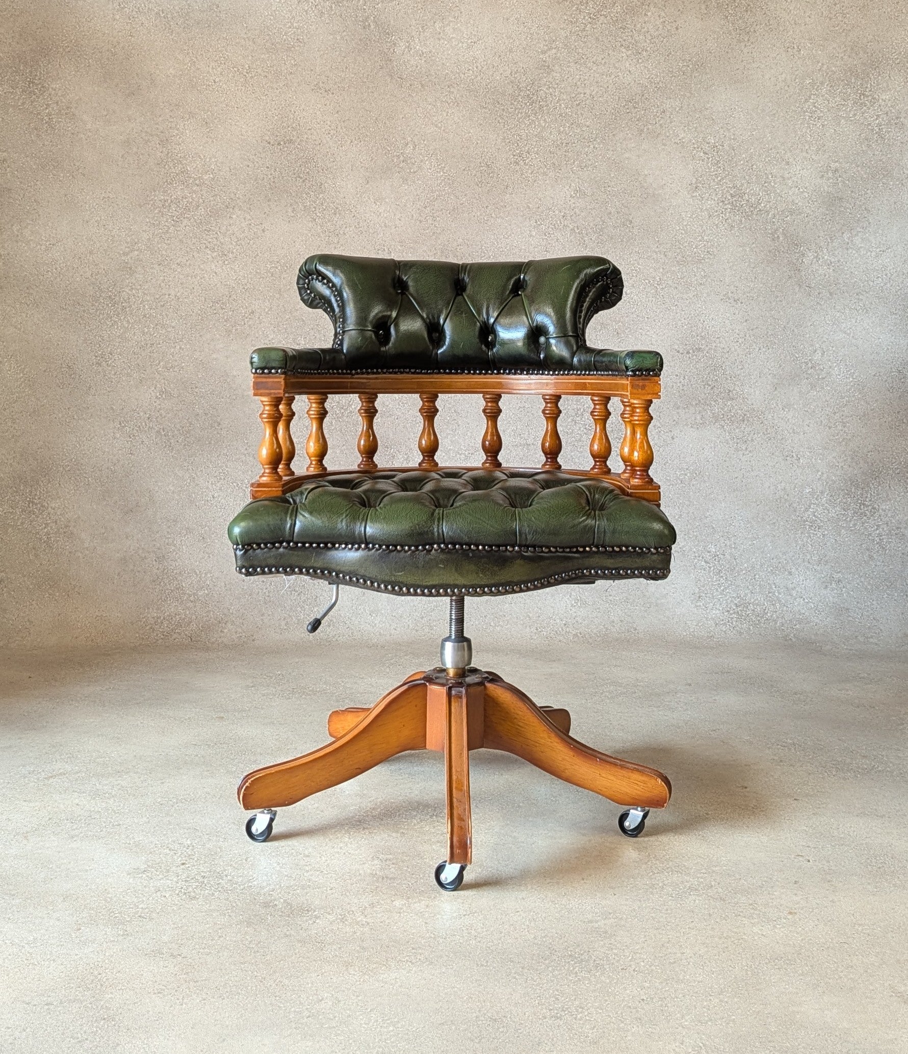 Vintage Green Leather Chesterfield Captains Chair Office Swivel Chair