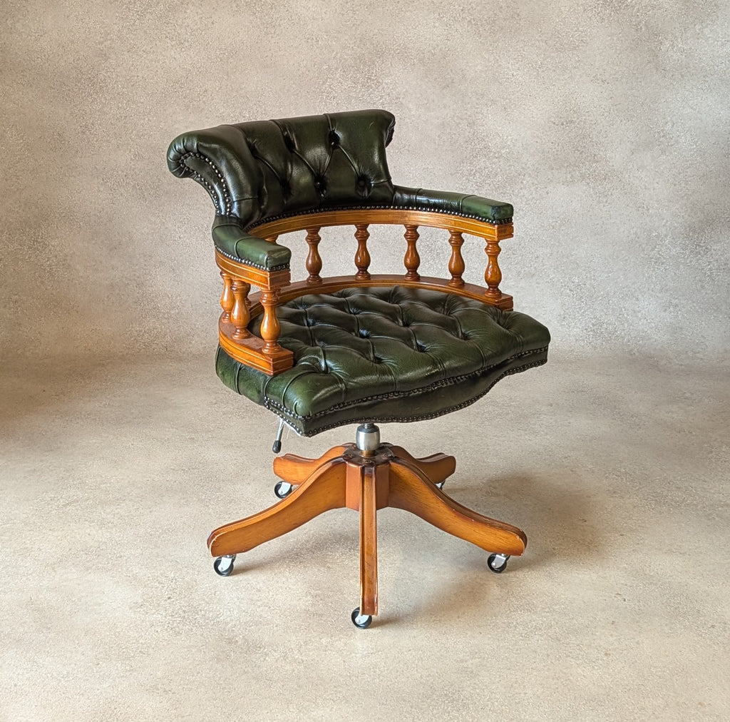Vintage Green Leather Chesterfield Captains Chair Office Swivel Chair