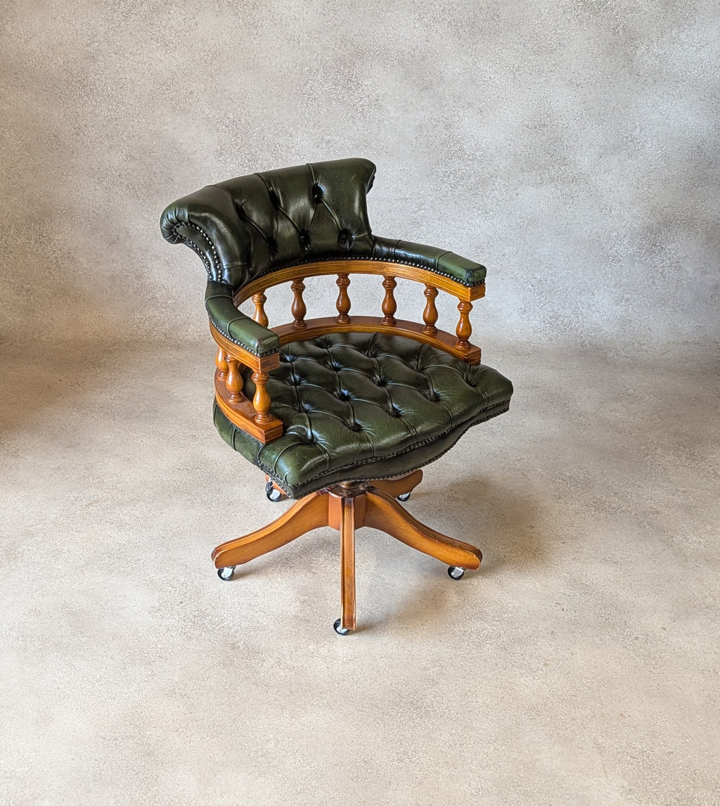 Vintage Green Leather Chesterfield Captains Chair Office Swivel Chair