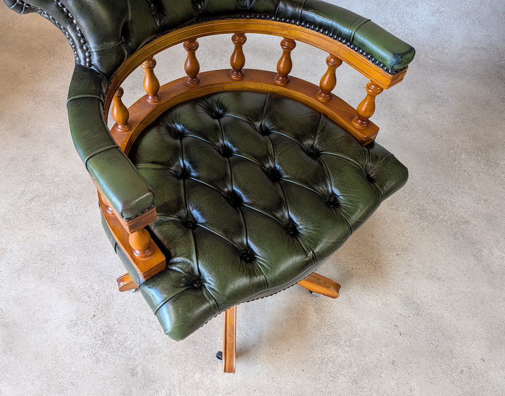 Vintage Green Leather Chesterfield Captains Chair Office Swivel Chair