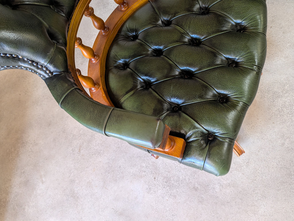 Vintage Green Leather Chesterfield Captains Chair Office Swivel Chair