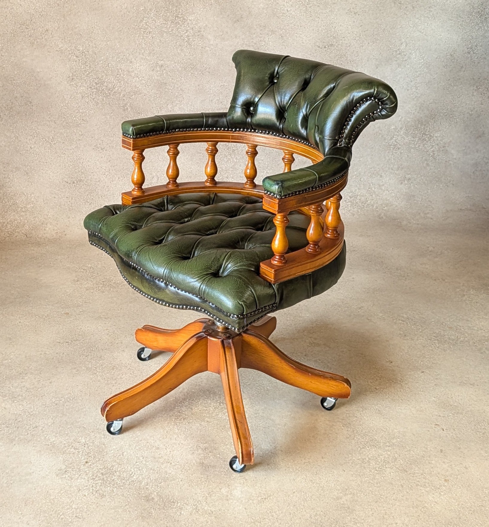 Vintage Green Leather Chesterfield Captains Chair Office Swivel Chair