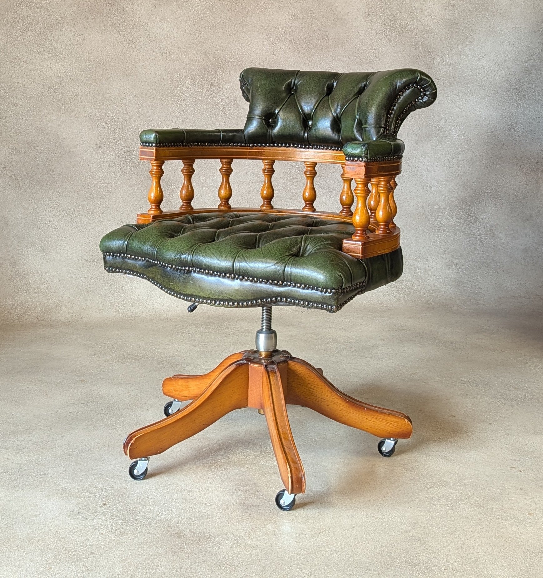 Vintage Green Leather Chesterfield Captains Chair Office Swivel Chair