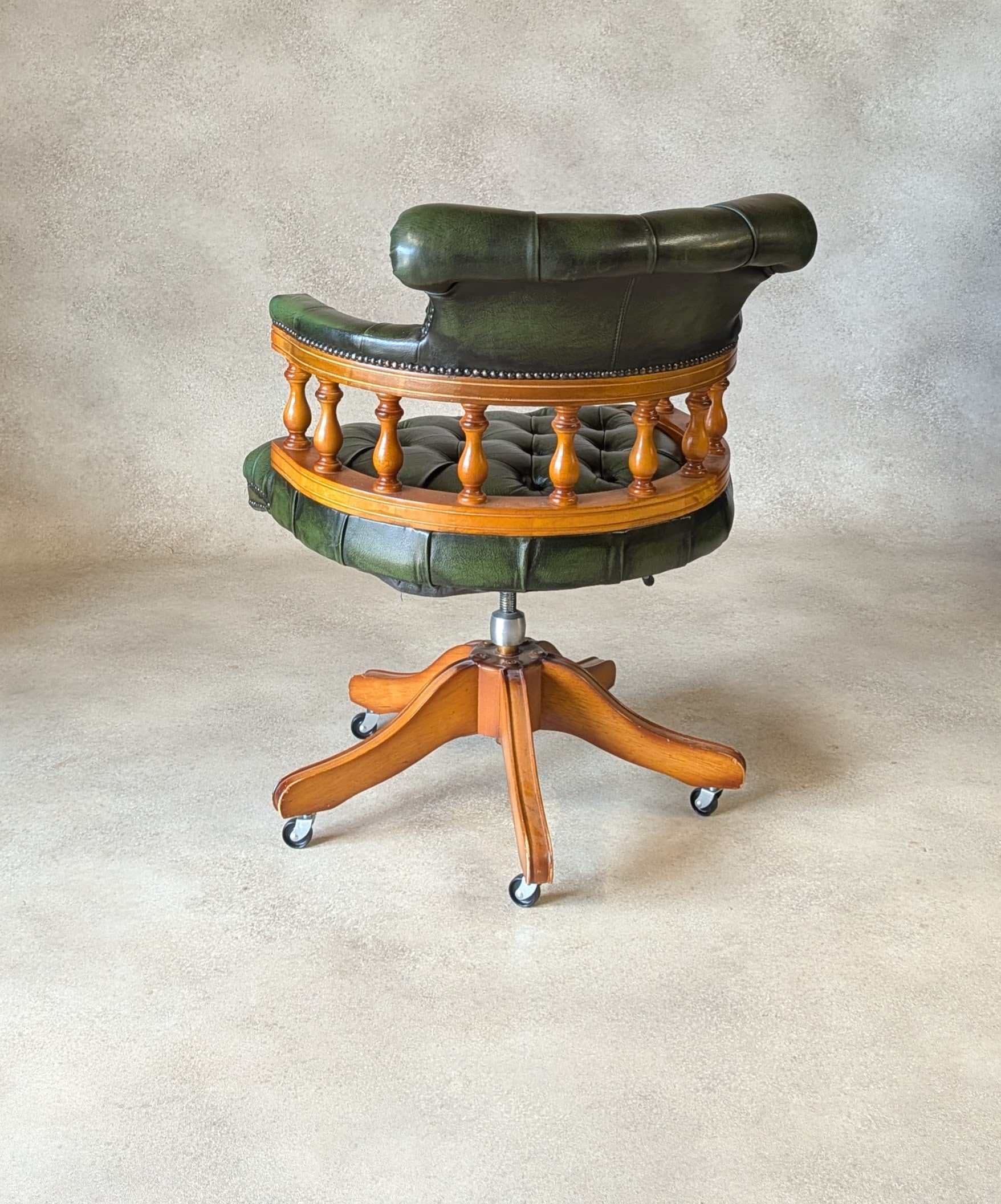 Vintage Green Leather Chesterfield Captains Chair Office Swivel Chair