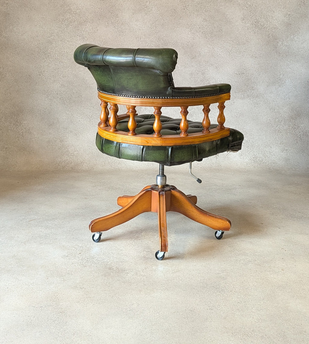 Vintage Green Leather Chesterfield Captains Chair Office Swivel Chair