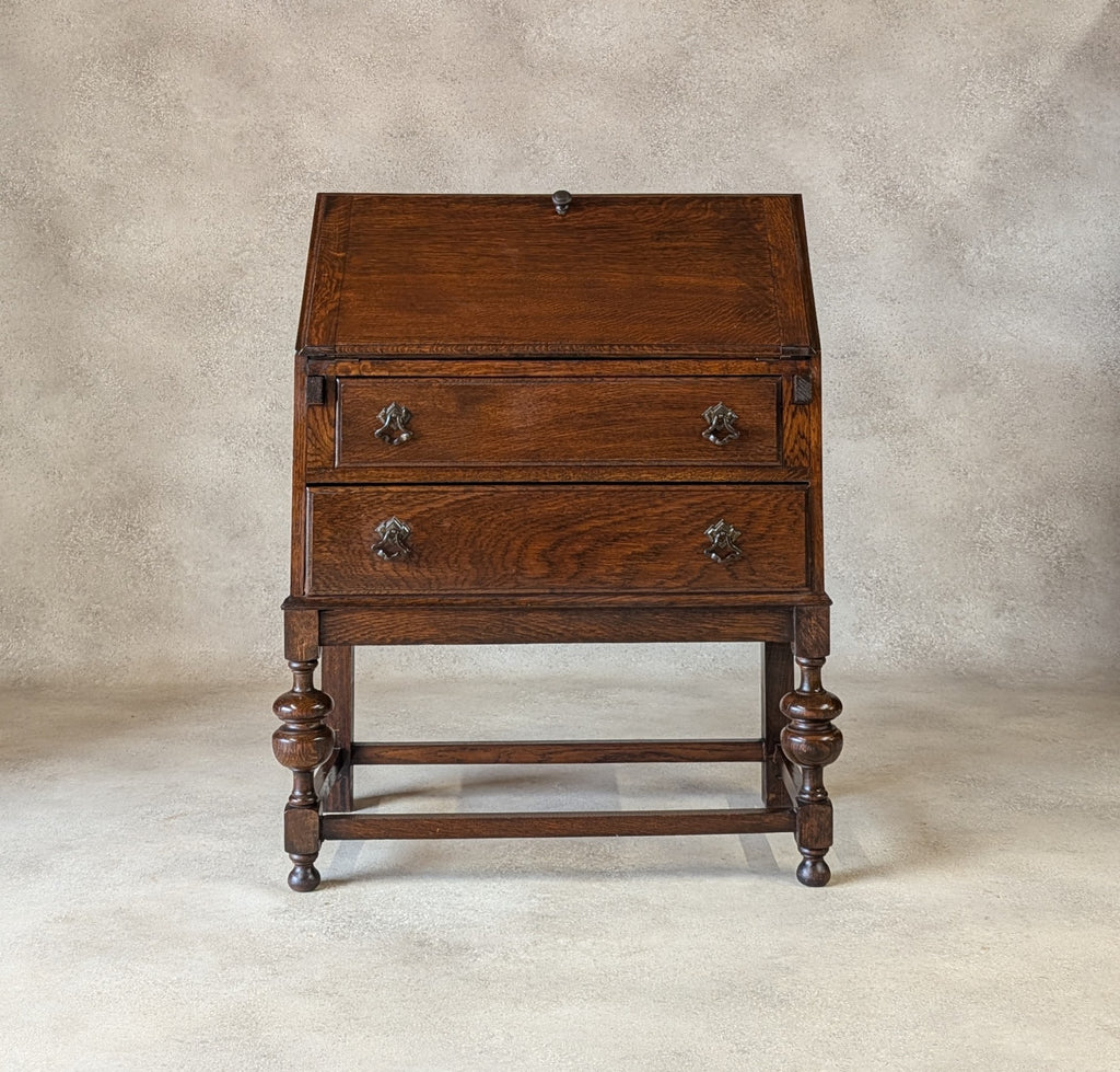 Antique Early 20th Century Jacobean Style Oak Bureau Drop Front Writing Desk