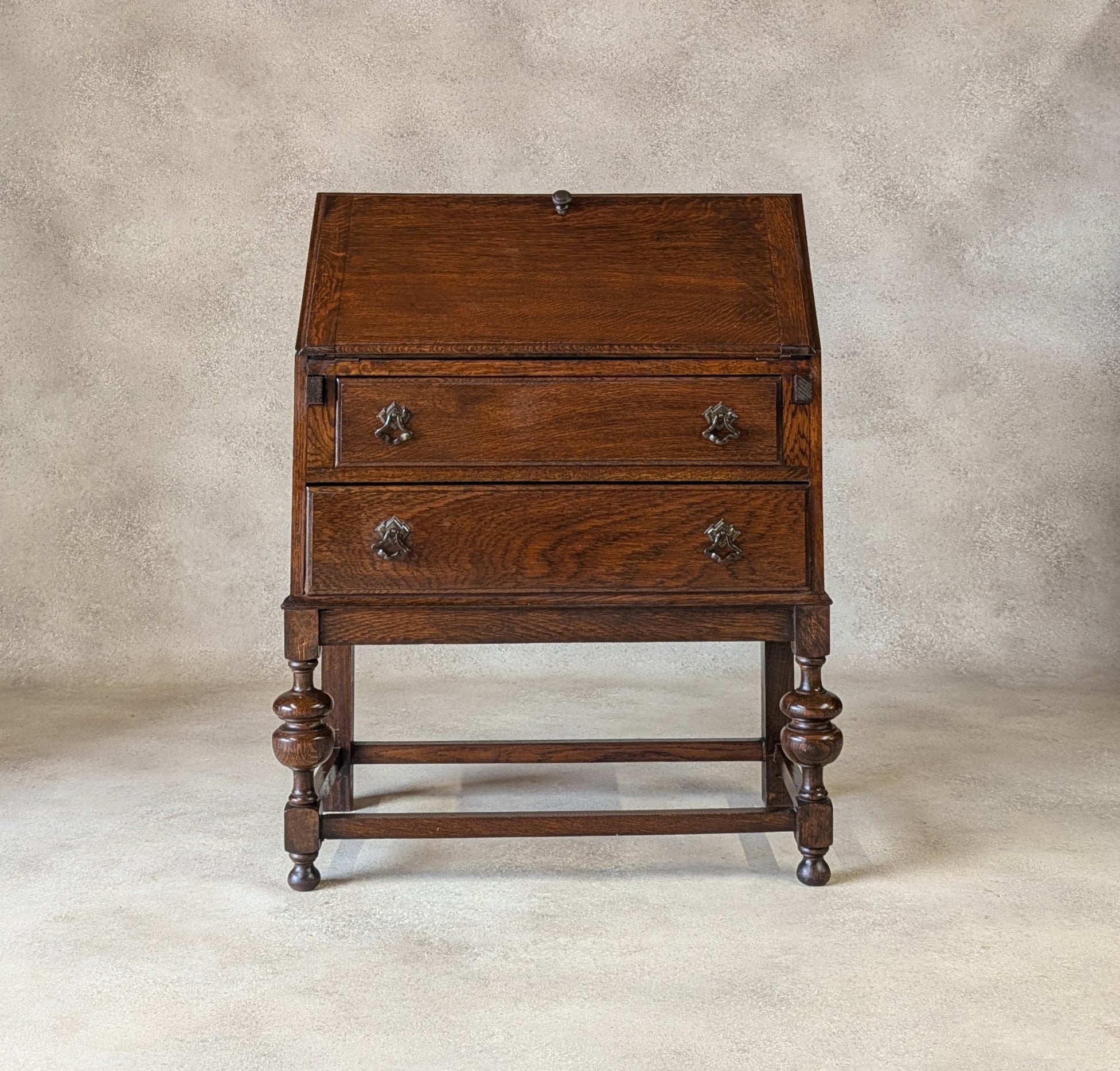 Antique Early 20th Century Jacobean Style Oak Bureau Drop Front Writing Desk