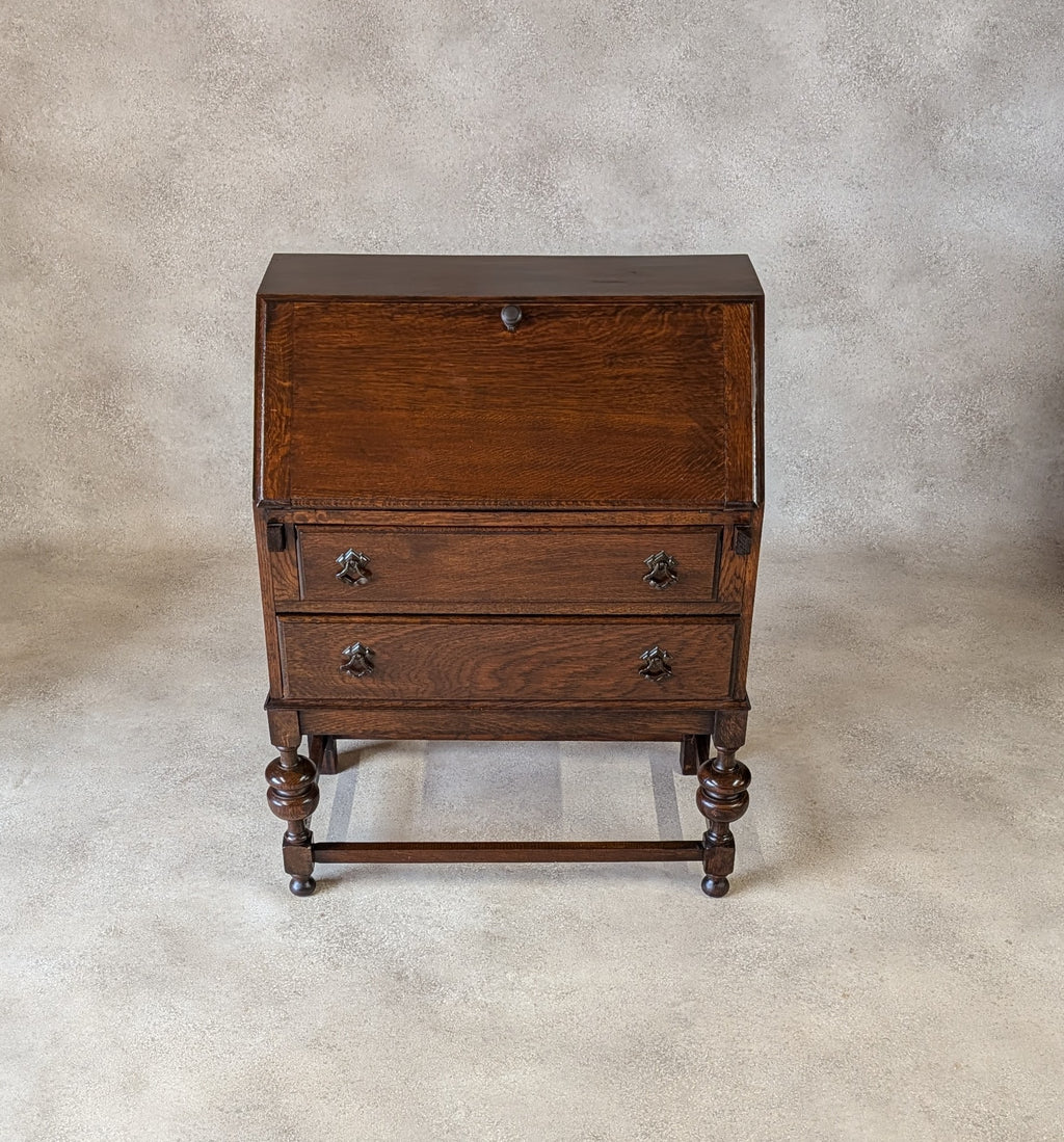 Antique Early 20th Century Jacobean Style Oak Bureau Drop Front Writing Desk