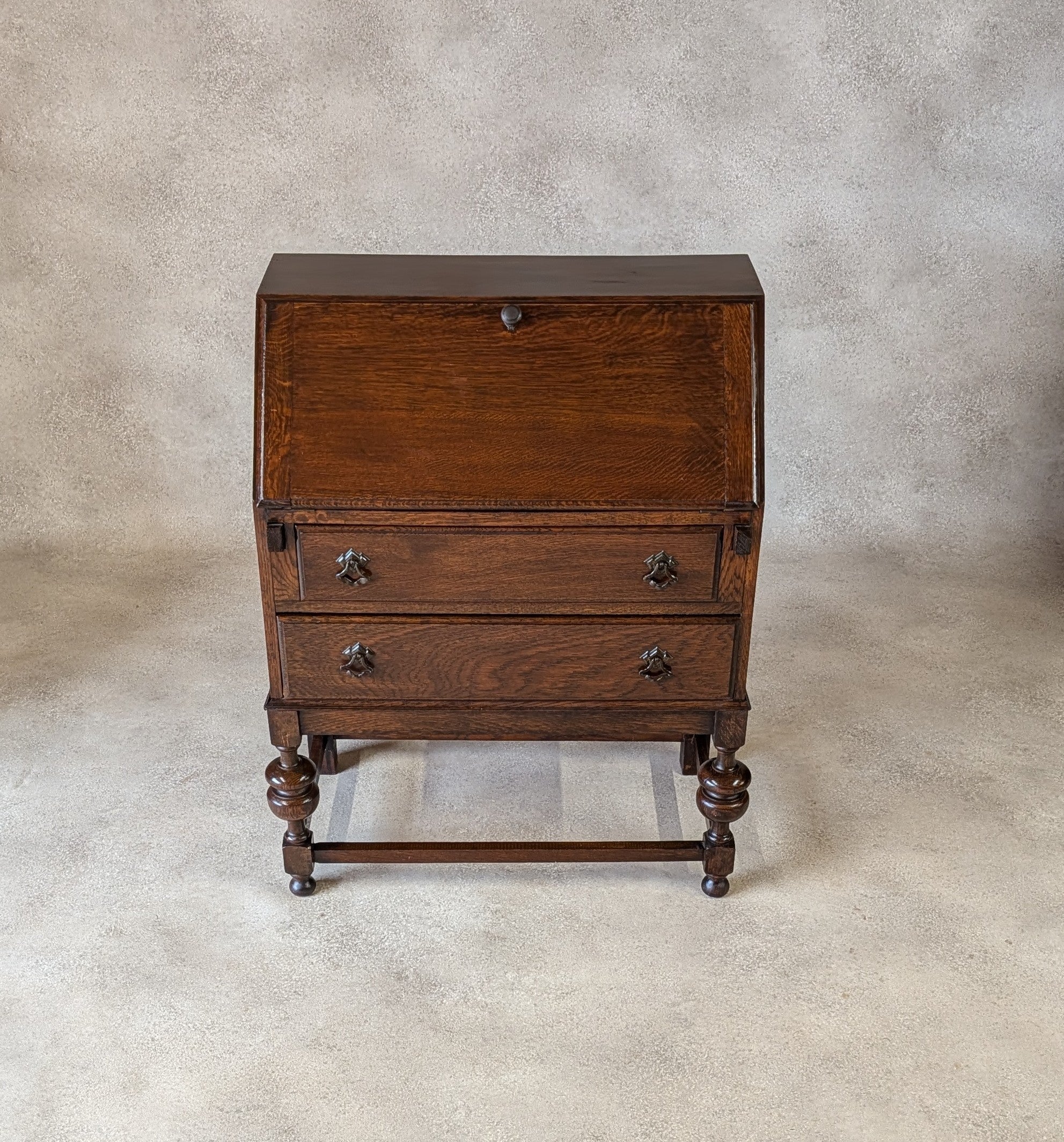 Antique Early 20th Century Jacobean Style Oak Bureau Drop Front Writing Desk